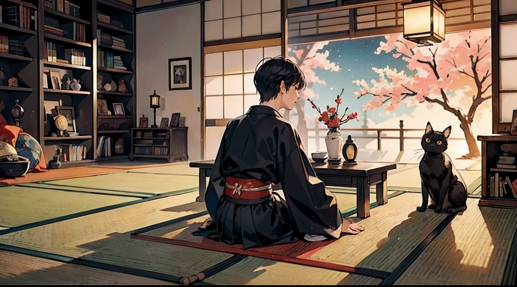 #Quality (intricate-detail、ultra-detailliert:1.2,cinematic shot),
#night sky (darkness of night,no light),
#one writing boy (16 male、Honor Students、A dark-haired、short-hair、hakama,sit flat),
#black room at night (no light,black cat,wooden low table,one candle,pretty tatami,a lot of books,bookshelf)