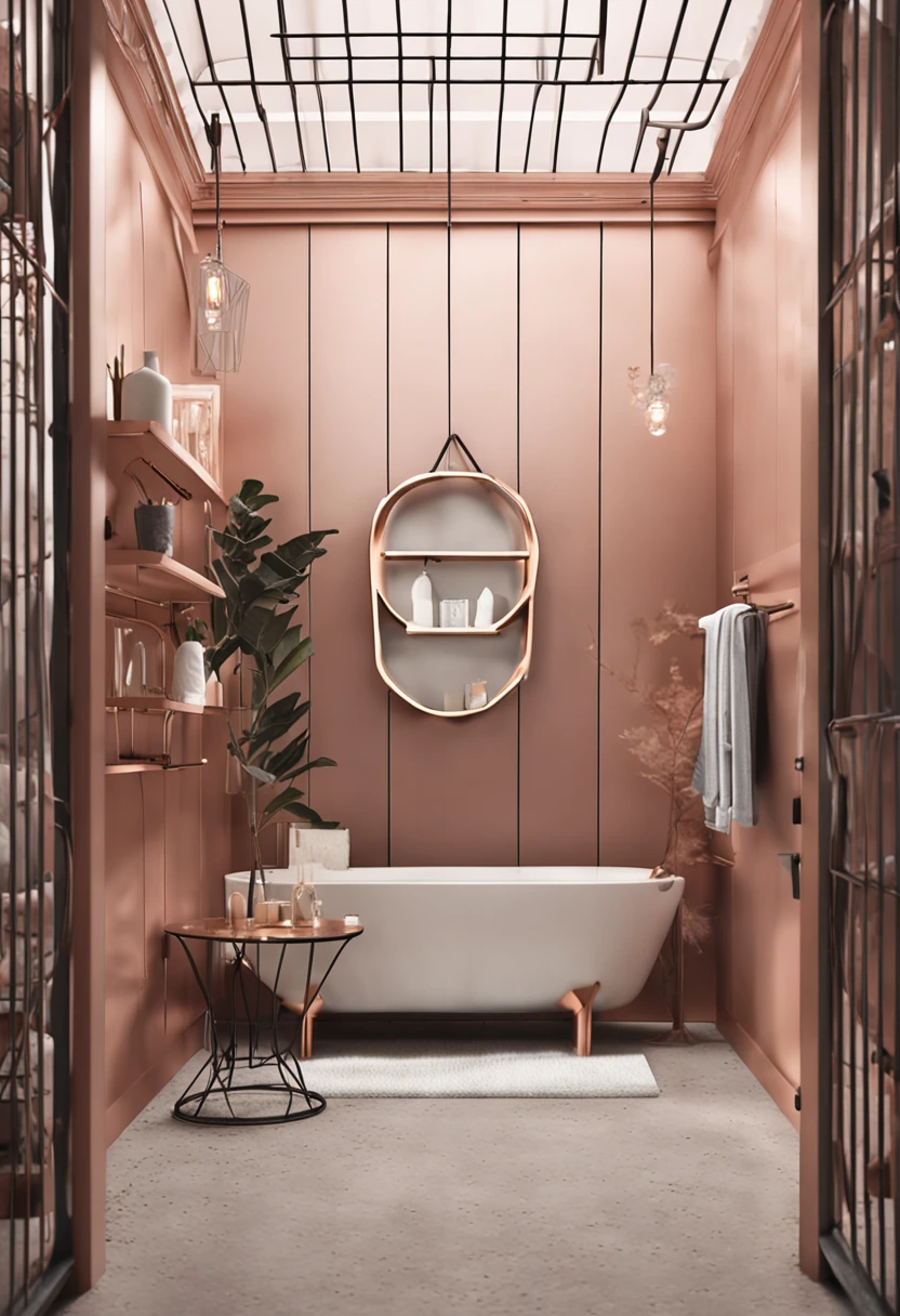 realista, estante industrial 3 bases em metalon dois metalon juntos de um lado, em metalon 20x20 rose gold, com 7 prateleiras mdf branco