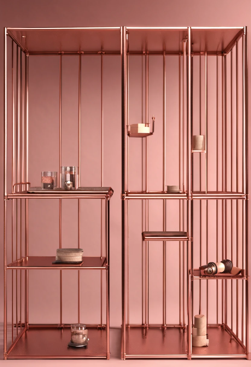 realista, estante industrial 3 bases em metalon dois metalon juntos de um lado, em metalon 20x20 rose gold, com 7 prateleiras mdf branco