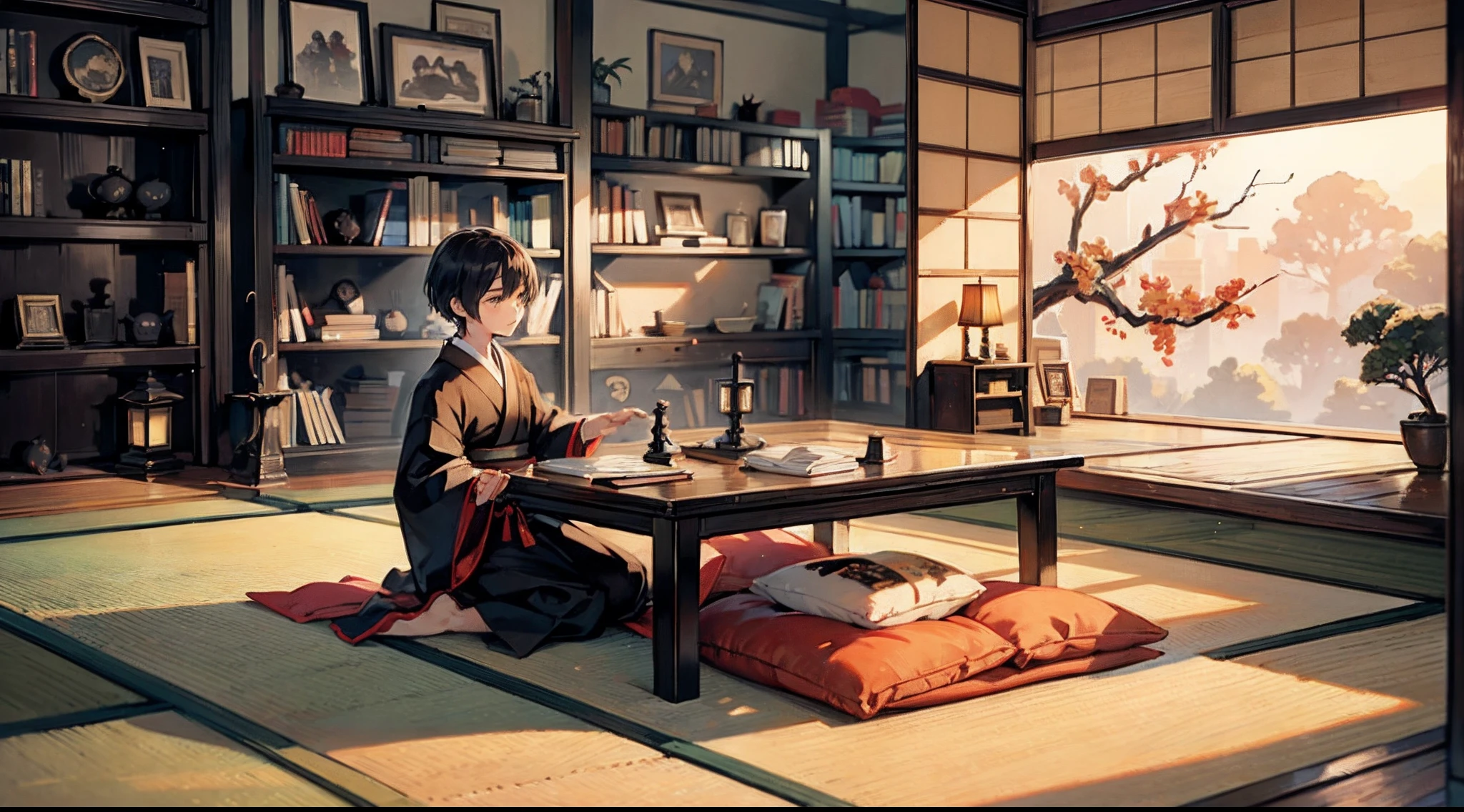 #Quality (intricate-detail、ultra-detailliert:1.2,cinematic shot),
#night sky (darkness of night,no light),
#one writing boy (16 male、Honor Students、A dark-haired、short-hair、hakama,sit flat),
#black room at night (no light,black cat,wooden low table,one candle,pretty tatami,a lot of books,bookshelf)