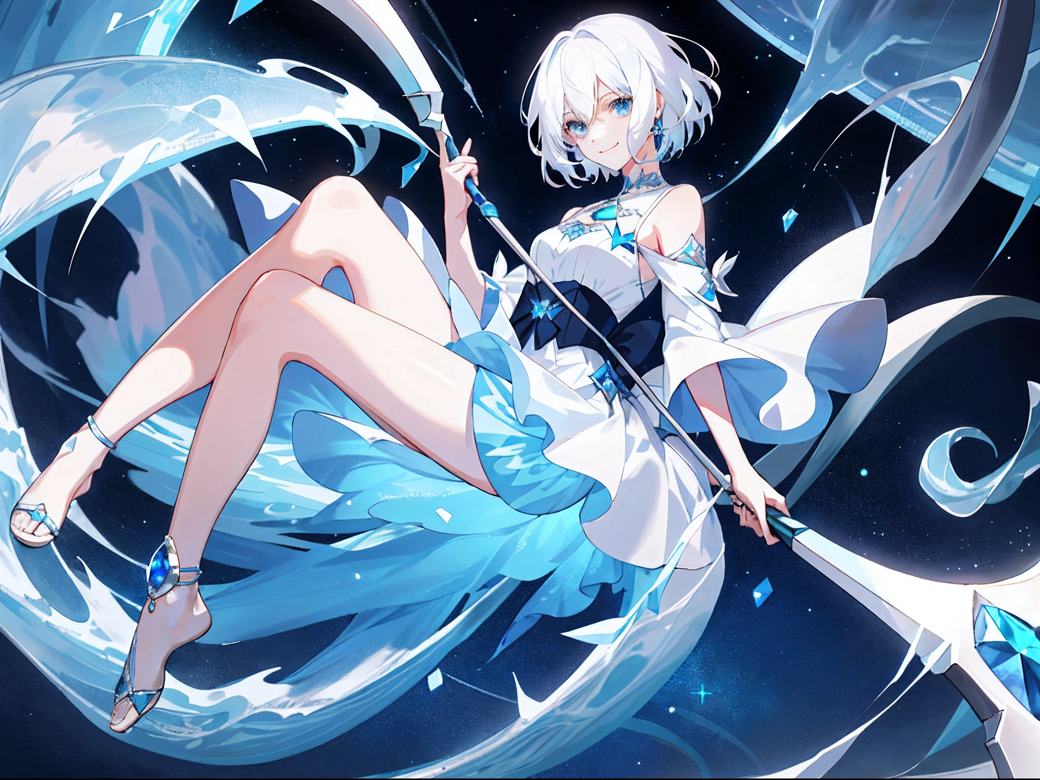 Beautiful girl with white hair，short detailed hair，white dresses，A deep blue prismatic gemstone is set on the chest，Bare legged，Wear a blue ankle ring on the ankle，A long-handled scythe holding a dark blue gemstone，Behind her there were terrible waves，With a smile