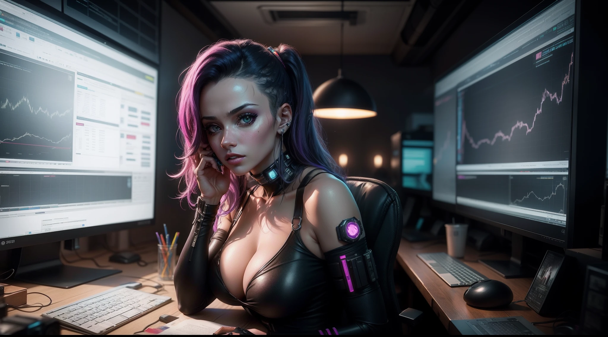 crie um background com a imagem de uma cyberpunk mulher de costas para a camera, In front of you are several computer screens with various candlestick charts