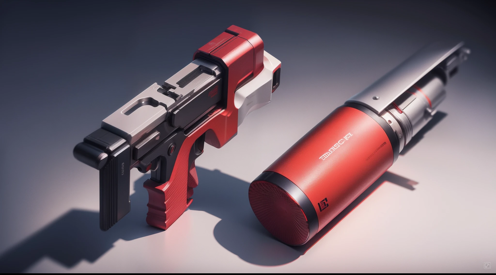 device. Injector in the shape of a pistol. With handle handle. for injections and medicines. red ampoule with medicine. Artistic render, Chrome graphics, The Art of Metal, Made of shiny white metal, created in octane render