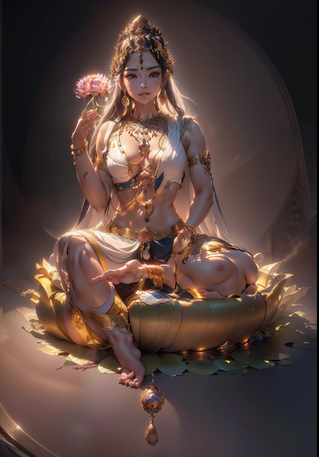 -yeld bey sitting on a lotus，(((body high：1.5))),（（（Gemstones refract dazzling light））），（（middlebreast：1）），（Abs：0.7），（glute：1.2），(healthy-looking skin， Thin skin， 二重まぶた，Jelly textured lips， Glowing lips，Small upturned lips，There is an eye in the middle of the forehead，（No clothes），Shiny skin，choker necklace，Yingluo，（Wear gemstones，pearls，hisui，amber，），（（Gorgeous and exquisite crown，gemstone setting）），（Dynamic hair，Hair hanging down the shoulders，Beaded hairpins，Nobile，），The head background is illuminated with an aperture，The body shines，correct hand，Correct foot，Head background with round light，Blue sky，
 High quality detailing， Cinematic lighting,absurderes, unbelievable Ridiculous, hugefilesize, ultra - detailed, A high resolution, The is very detailed，best qualtiy，tmasterpiece，illustratio，The is very detailed，CG，unified，8k 壁纸，Amazing Cleavage，finely detailled，tmasterpiece，(((dynamicposes)))， ((Correct anatomy)),(((Correct dissection))