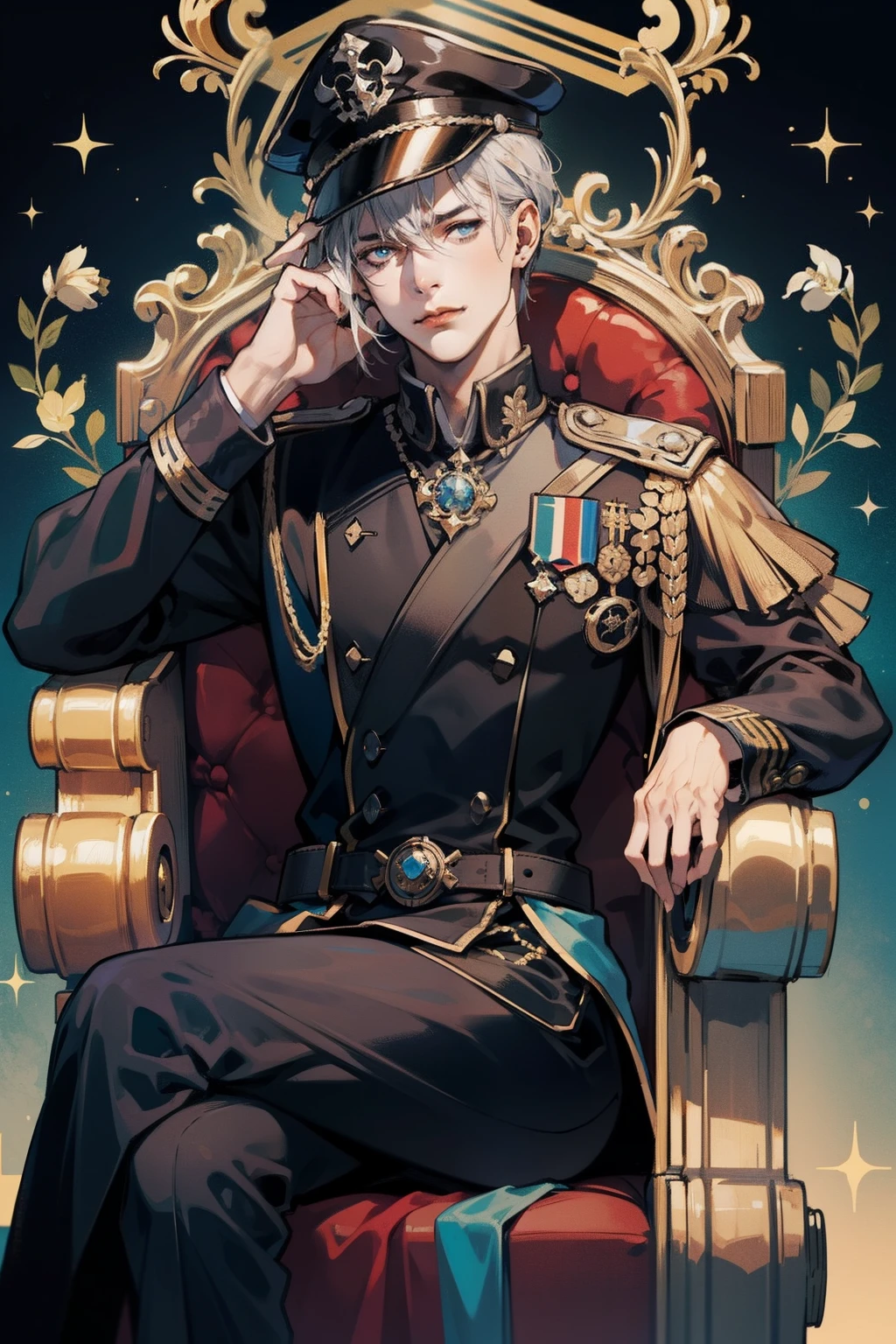 1 man, kurzes schwarzes haar, rote pupillen, gut aussehend, ohrringe, schmuck, Sits on a great throne, blasse haut, narbe im gesicht, Black high-level military uniform with gold and silver accessory, Peaked cap, royal, herrscher, Dark Amtosphere, erhabener blick, selbstbewusst, gekreuzte beine, elegant, full entire body, ultra details, viele details, hight resolution, perfekte proportionen, scharfer blick, seidenes haar, thronsaal, marmor, elegante pose, Beautiful  eyes,