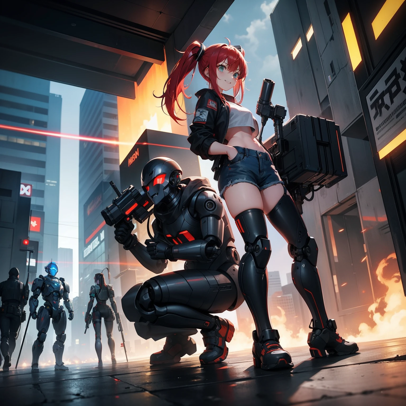 Chica de anime en pantalones cortos y chaqueta de pie junto a un robot gigante, Obras de arte al estilo de Guweiz, Cyberpunk anime chica mech, Tendencias en CGVatstation, Guweiz, por Russell Dongjun Lu, Arte digital cyberpunk anime, Ross Tran 8 K, Guweiz en Artstation Pixiv, girl in mecha cyber armor