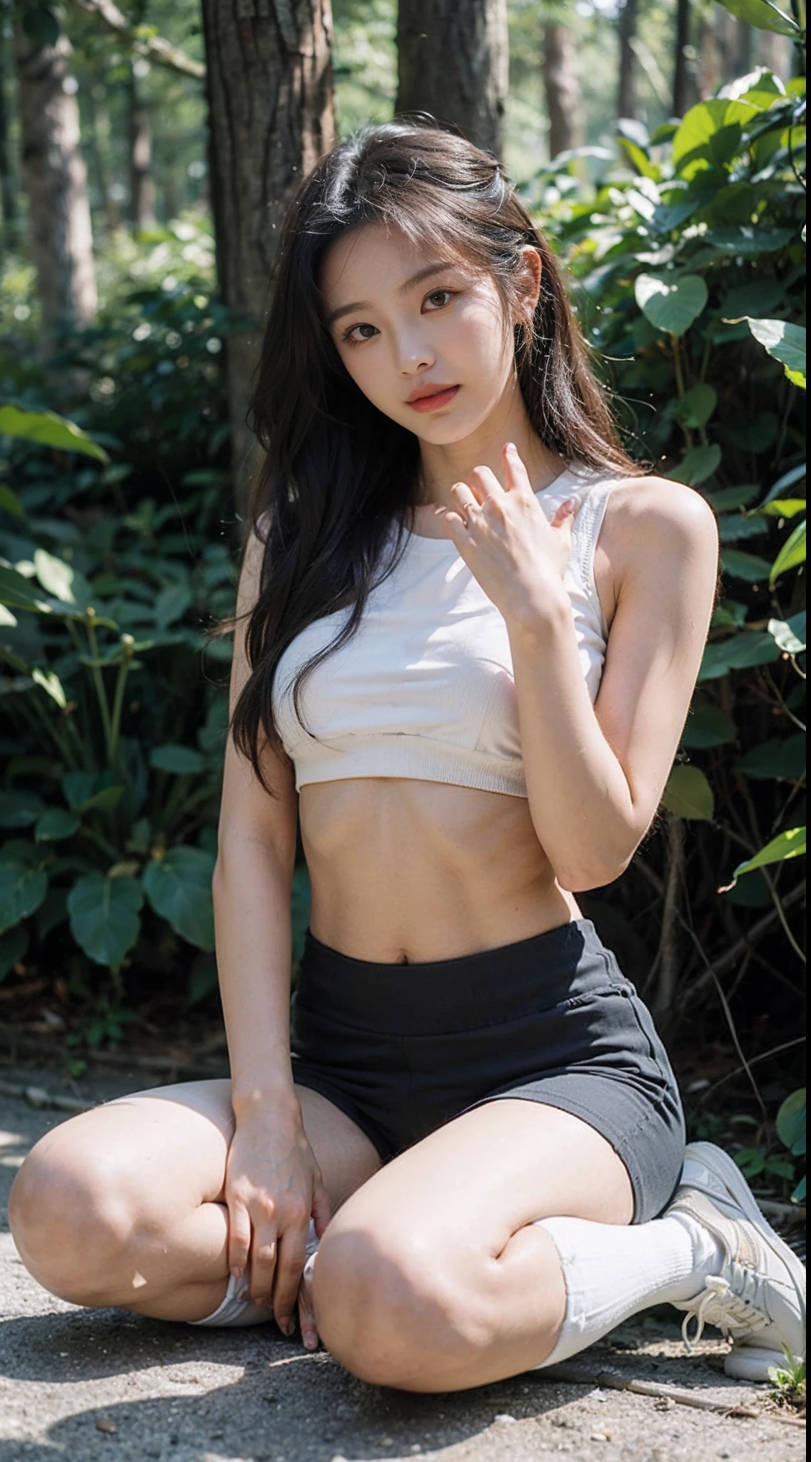 (8K,tmasterpiece,RAW photos,best qualtiy,the detail:1.2),Korean female model,Height 175 cm,perfect bodies,Long legs,wavy and long hair,Wear a gym top and yoga shorts,at a forest,((Pantyhose)),(Wearing sneakers+White sport socks),Ray tracing