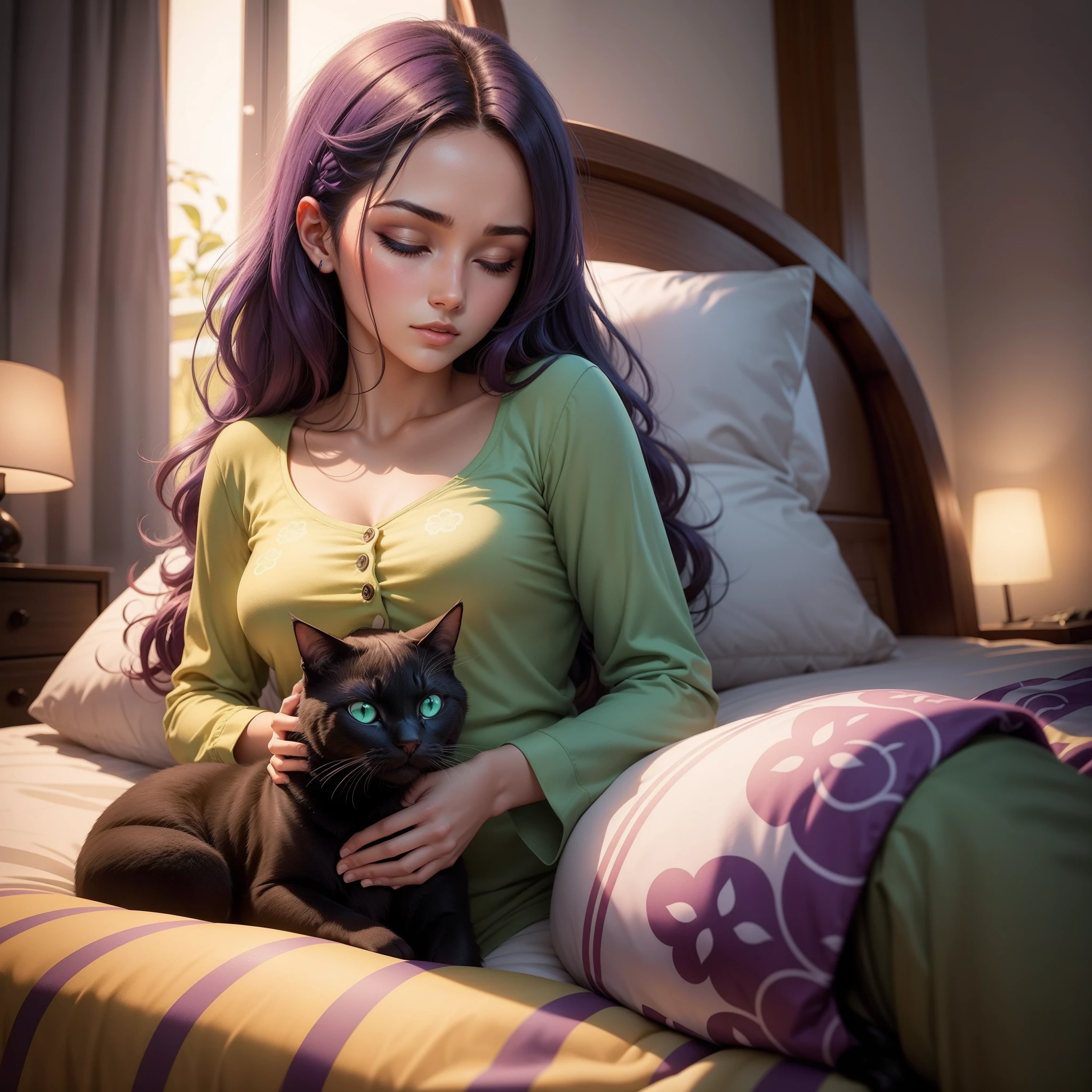 Create a lonely 30-year-old woman, com cabelos azuis escuros. She wears green pajamas with prints of mathematical equations. Your eyes are closed as you yawn, and a hand scratches his eyes, enquanto a outra descansa livremente. Ela parece exausta, com uma postura desajeitada. Sentada na cama em um quarto de videogame, The predominant colored lights are purple. No fundo, There is a black cat with yellow eyes.