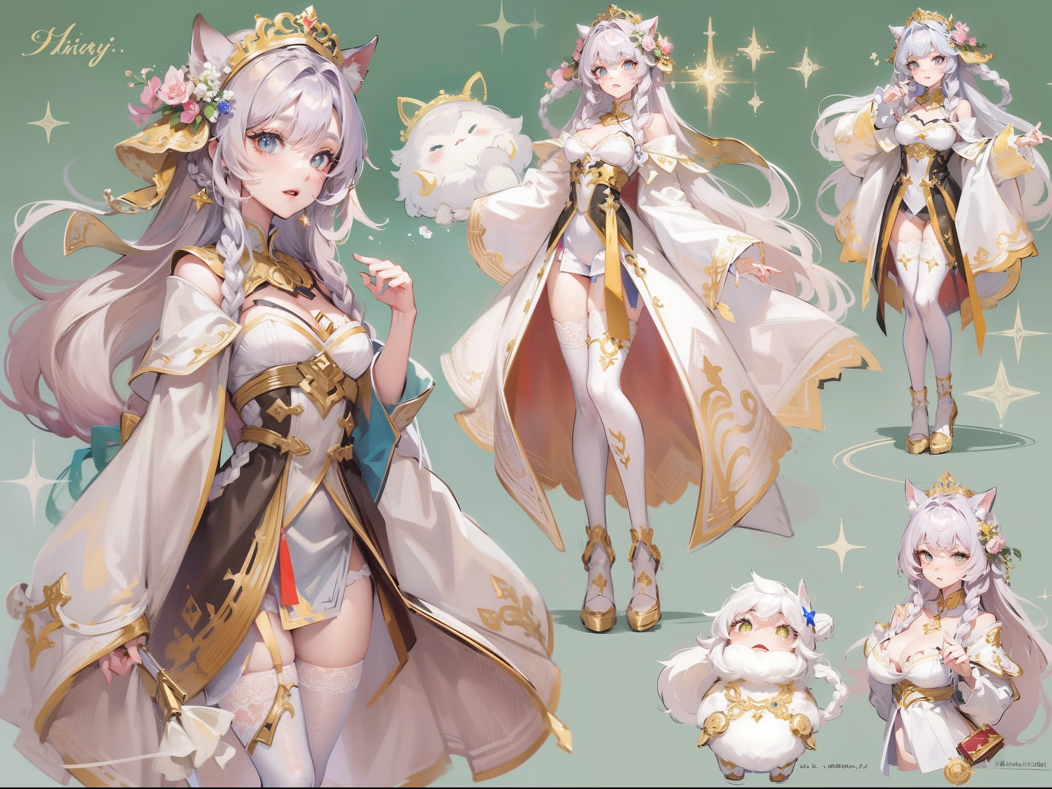 ((Masterpiece, Highest quality)), Detailed face,CharacterDesignSheet, full bodyesbian, Full of details, Multiple poses and expressions, Highly detailed, Depth, Many parts,A pretty maiden,Twist the braid,Gradient hair color,Star decoration,Wearing a bunny costume,Behind him is a blue-gold cloak,White panty hose,Light pink pupils,epic exquisite character art, Amazing characters