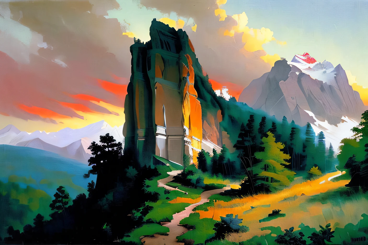 painting by sargent and rhads and leyendecker and greg hildebrandt evening sky, low thunder clouds foothpath with trees at indian summer with zugspitze fitz roy in background, colours green, red, blue black and white, acuarela