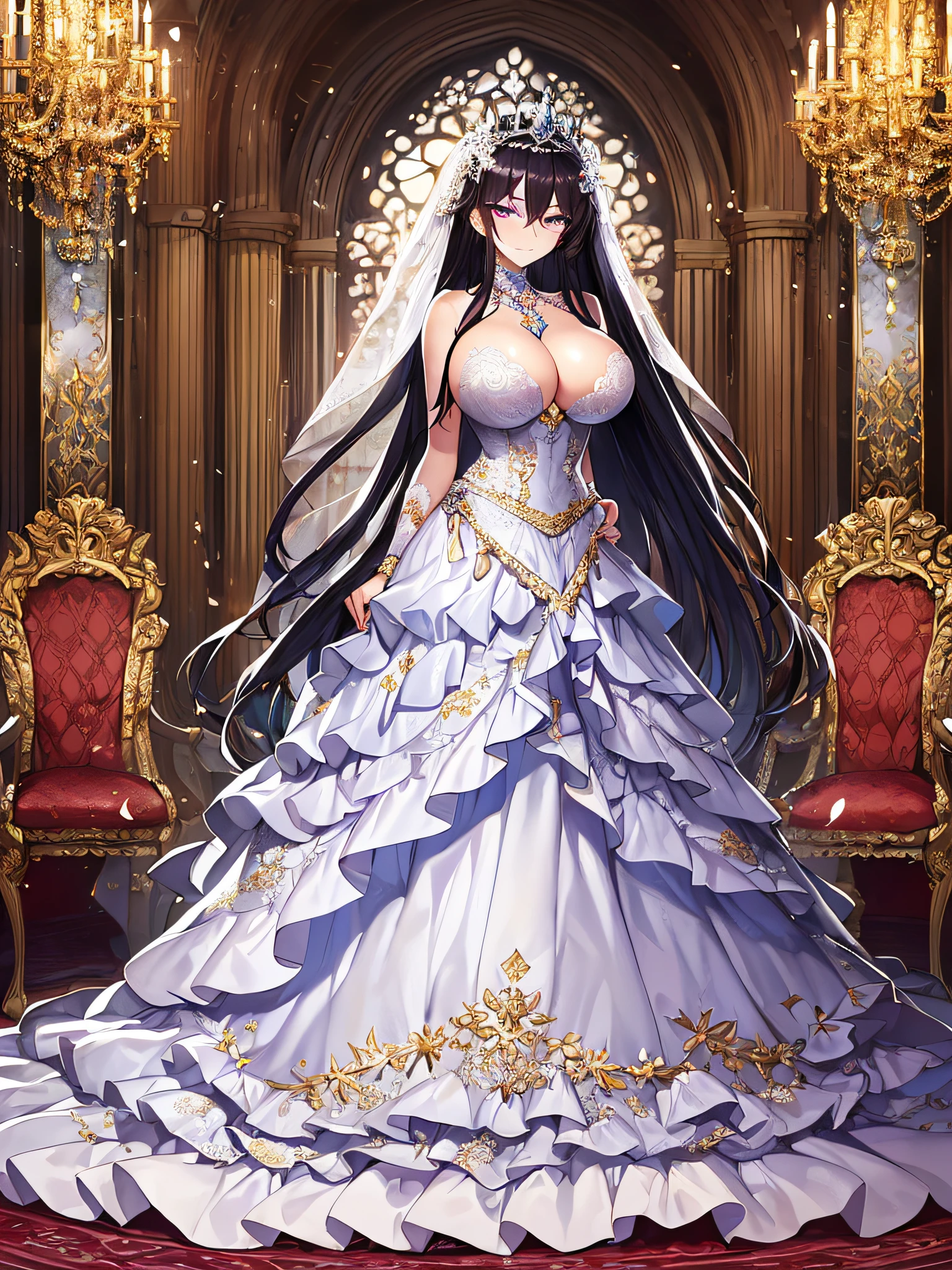 ((anime artstyle)),Masterpiece,Best Quality,Super Detail,Very Delicate and Beautiful,Solo,((full body)),((1 arrogant queen wearing beautiful embroidery and gorgeous white ballgown wedding dress with voluminous crinoline hoop skirt)),voluminous frills and beautiful lace,(gigantic tits,skindentation),jewel-like eyes,((arrogant smile)),((arrogant,haughty)),dominant pose,Sharp eyes,(Purple eyes),Beautiful detailed face and eyes,((Bangs between eyes,voluminous straight hair,extremely Long straight Hair)),black hair,gorgeous embroidery and lace,enormous puffed sleeves,luxury hair ornament,extremely gorgeousfull jeweled tiara,long train,bling-bling gorgeous gemstone jewelry,long wedding veil,full body,standing in the sacred cathedral,indoor,white lily flowers,flower petals flowing,Stained glass,light particles,Sacred Light,(luxury carpet),((beautiful embroidery and gorgeous white ballgown wedding dress with voluminous crinoline hoop skirt))