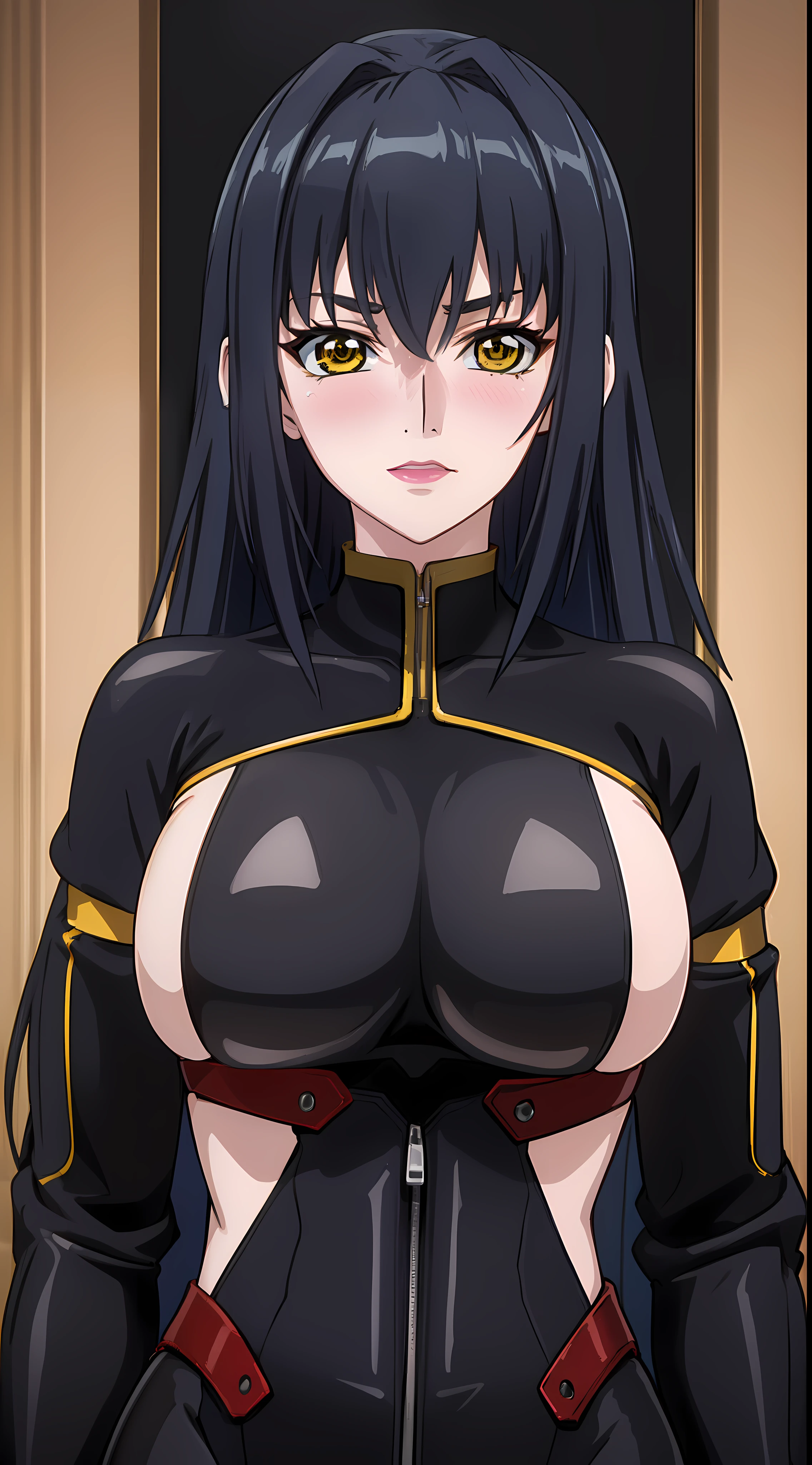 (plain white background), professional artwork, Intricate Details, field of view, sharp focus, detailed painting, photorealistic lighting, trending on pixiv, Standing at attention, ((black outfit ,yellow collared shirt,black and red bodysuit,skin_tight,black legwear, black pantyhose, Side_boob)), black hair,very long hair, Bangs,yellow eyes,makeup, lipstick, 20yo,mature female,Beautiful Finger,Beautiful long legs,Beautiful body,Beautiful Nose,Beautiful character design, perfect eyes detail, perfect face, looking at viewer,official art,extremely detailed CG unity 8k wallpaper, perfect lighting,Colorful, Bright_Front_face_Lighting, (masterpiece:1.0),(best_quality:1.0), ultra high res,ultra-detailed, hyperdetailed, photography, 8K, HDR, highres, absurdres:1.2, Kodak portra 400, film grain, blurry background, bokeh:1.2, lens flare, (vibrant_color:1.2) (Beautiful,large_Breasts:1.4), (beautiful_face:1.5),(narrow_waist), (solo:1.4), ((upper body, half body shot:1.4)), annerose:1, (blushing, shy, pretty, tsundere:1), looking at viewer,