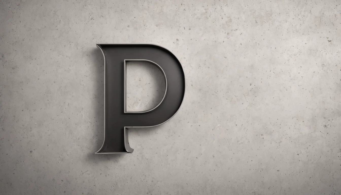 realistic front view of a concrete wall with a big modern P letter, a sans script font style made by a shinning steel material, with shadow above the P letter