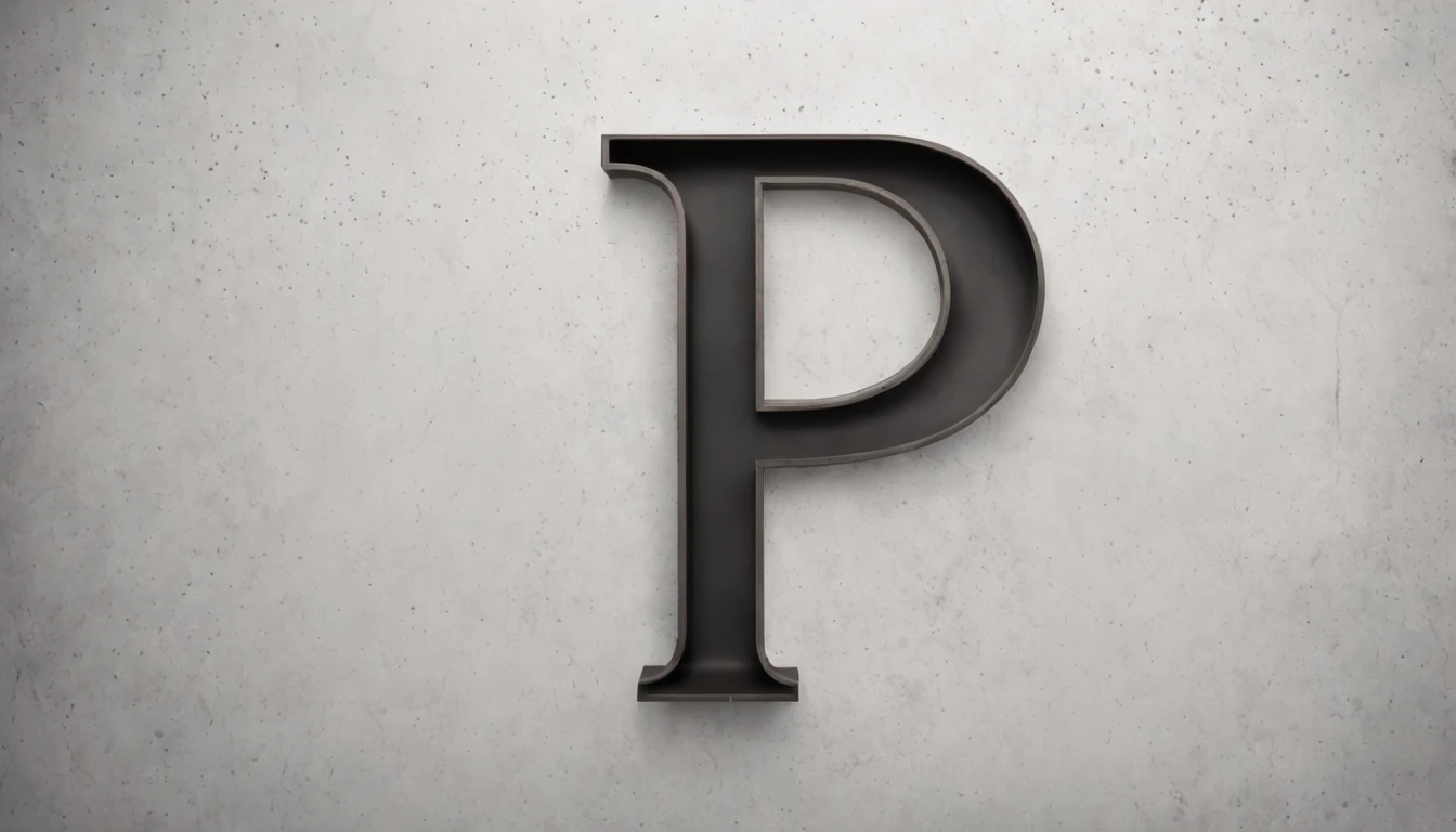 realistic front view of a concrete wall with a big modern P letter, a sans script font style made by a shinning steel material, with shadow above the P letter