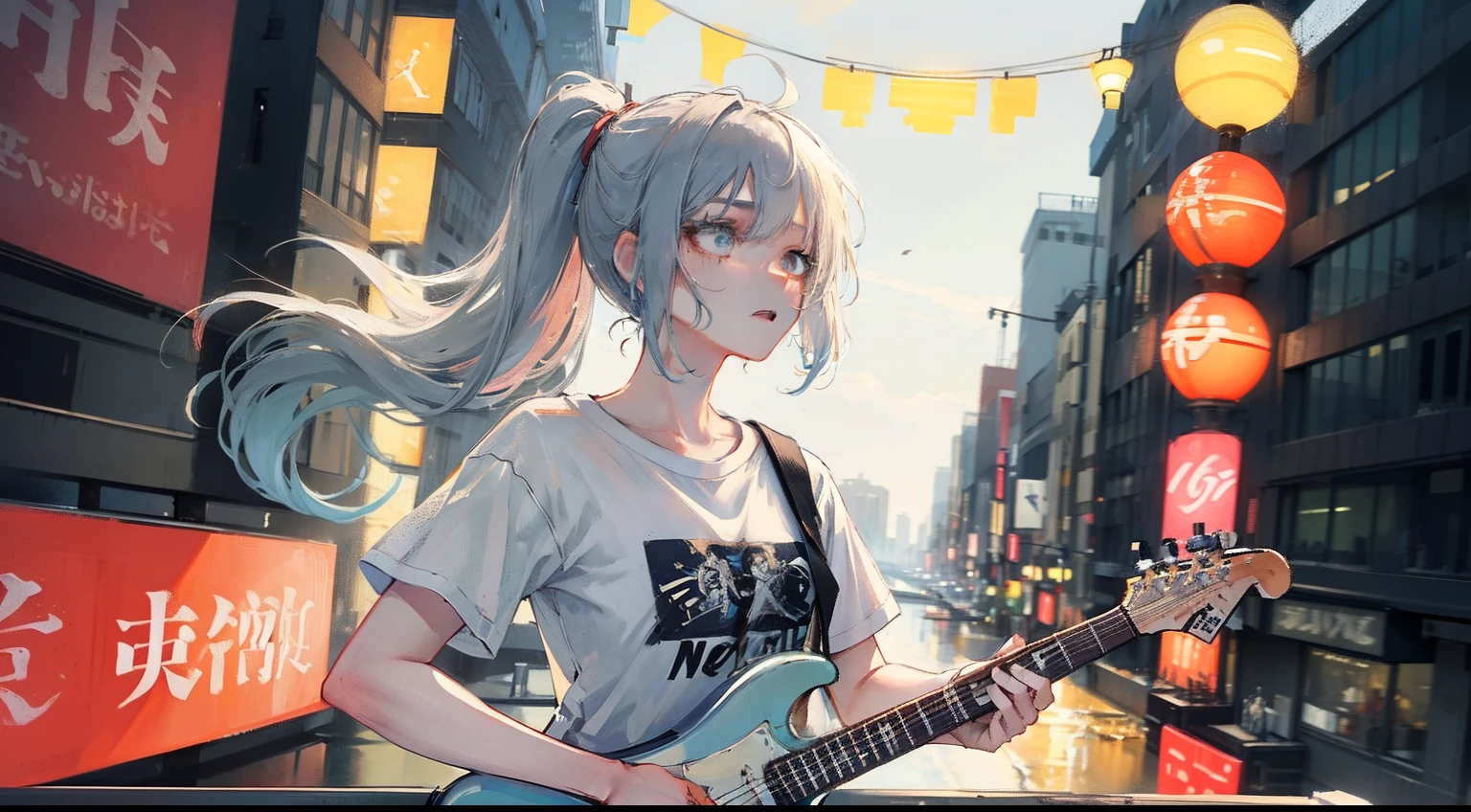 On the bridge of Dotonbori in Osaka、Guitar and Stand Microphone、Singing Girl、White t-shirt and damaged skinny jeans、Air Jordan Shoes、Wide-angle size、Photos away、Girl Playing Guitar、Enthusiasm、Works over smartphones、Delicate painting、A detailed face、Super beautiful background、Focus on girls、