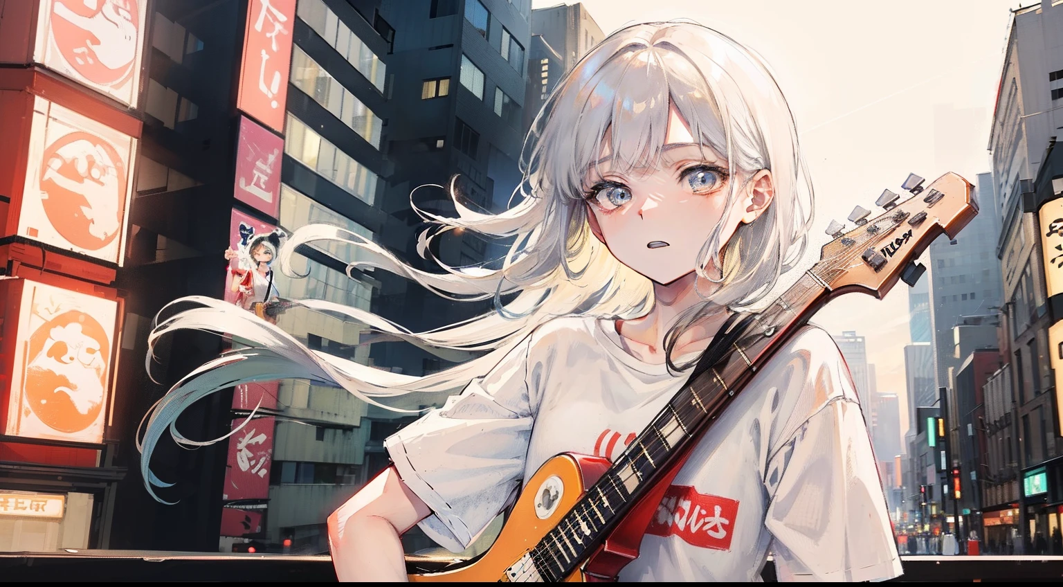 On the bridge of Dotonbori in Osaka、Guitar and Stand Microphone、Singing Girl、White t-shirt and damaged skinny jeans、Air Jordan Shoes、Wide-angle size、Photos away、Girl Playing Guitar、Enthusiasm、Works over smartphones、Delicate painting、A detailed face、Super beautiful background、Focus on girls、