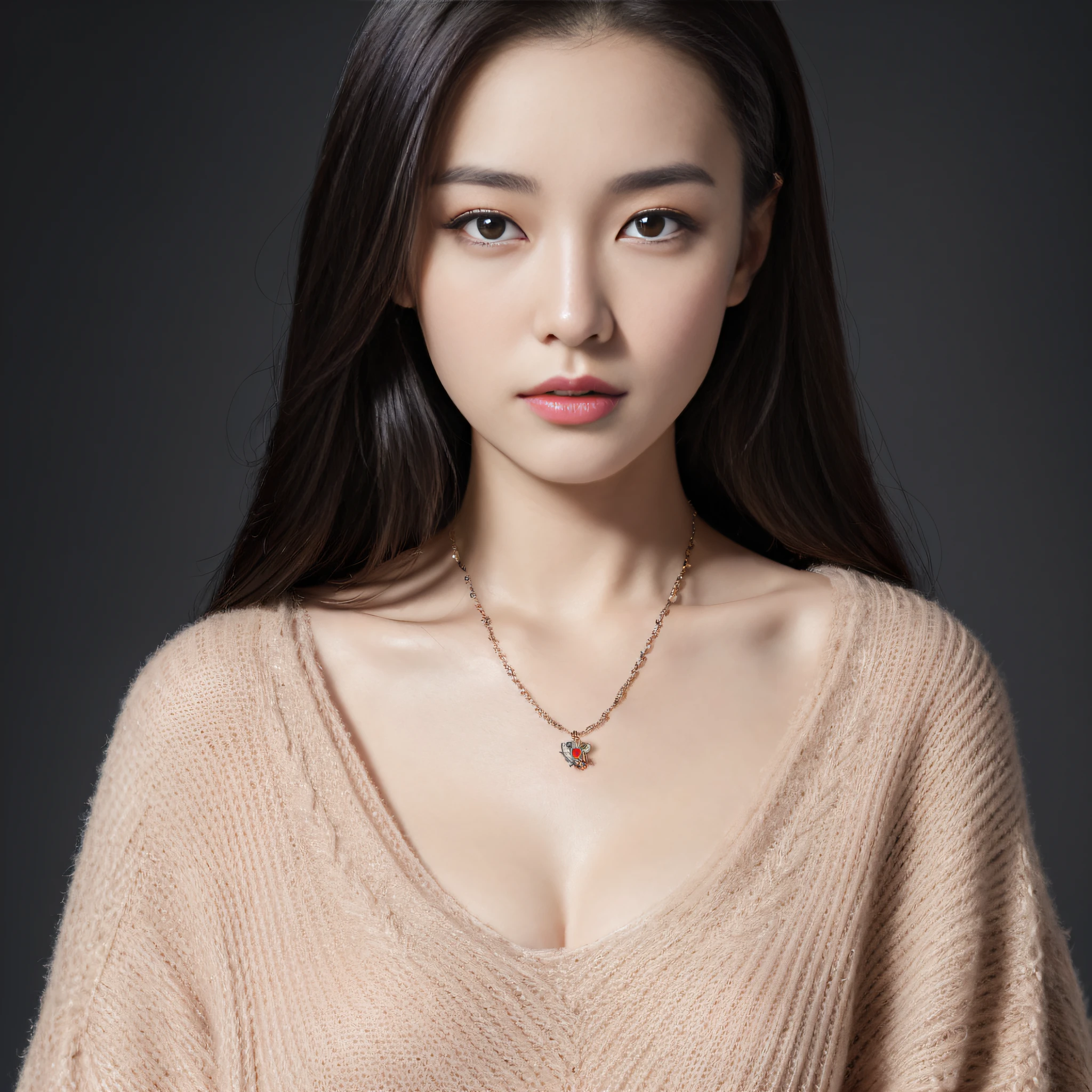 (Best quality, 8k, 32k, Masterpiece, UHD:1.2),Photo of Pretty chinese woman, large breasts, semi long black hair, upper body,face focus,oversized_sweater, necklace, simple background, from above, looking at viewer