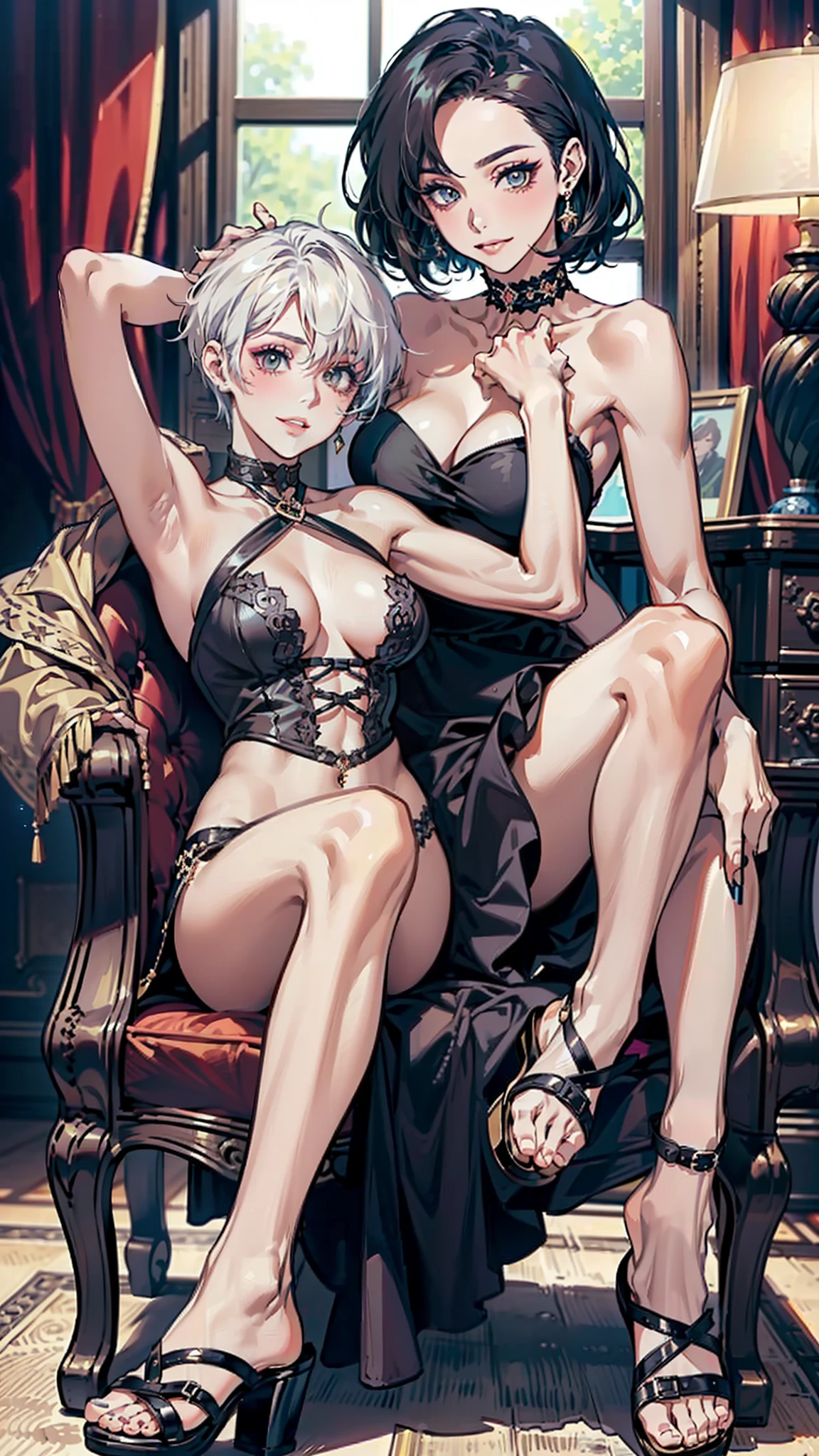 (（（Coquettish middle-aged woman 1.2))),
((（Slim and slim body1.2))),
((（ smile 1.2))),((（A frivolous look）)),
hand behind head，Expose the armpits，((（Elevate your legs1.2)))，sit on chair，((（Short hair 1.2)))，Peach blossom eyes，Smoky makeup，
((（Heavy makeup 1.2))),((（Enchanting 1.2))),((（Coquettish debauchery 1.2)))((（Sandals 1.2)))