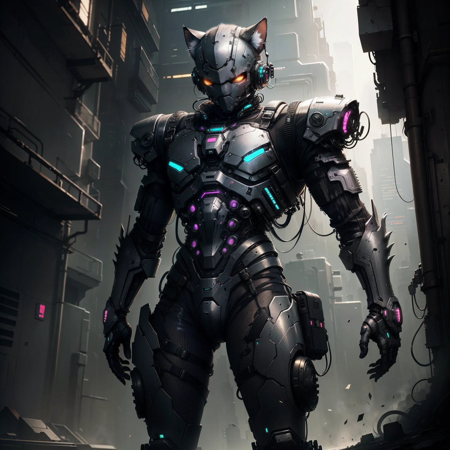 Kitten exoskeleton cyberpunk armor with man inside , cyber tech, futuristic