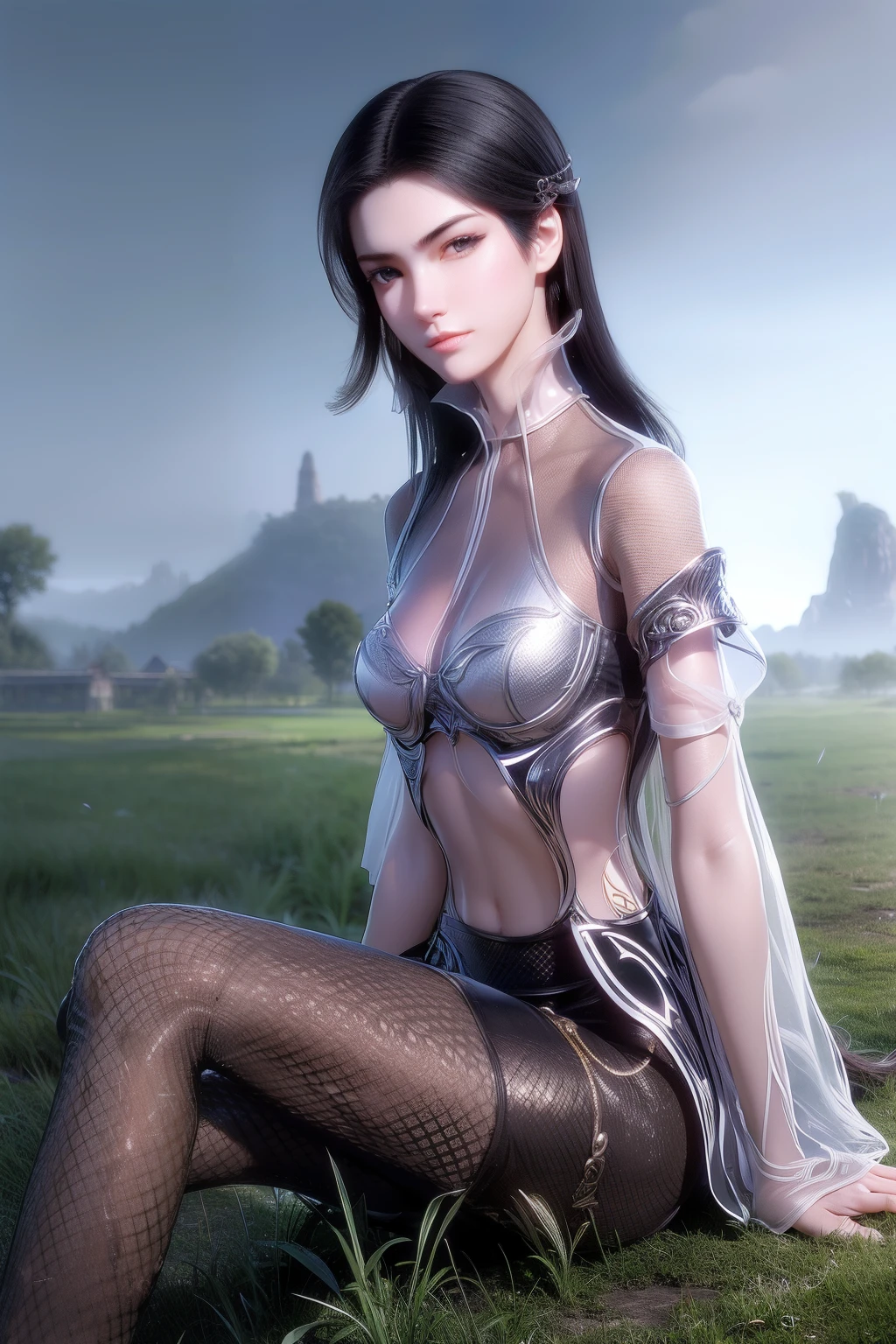 tianyan,(see-through transparent clothes:1.25),grassy fields,Sitting,the trees,Rained