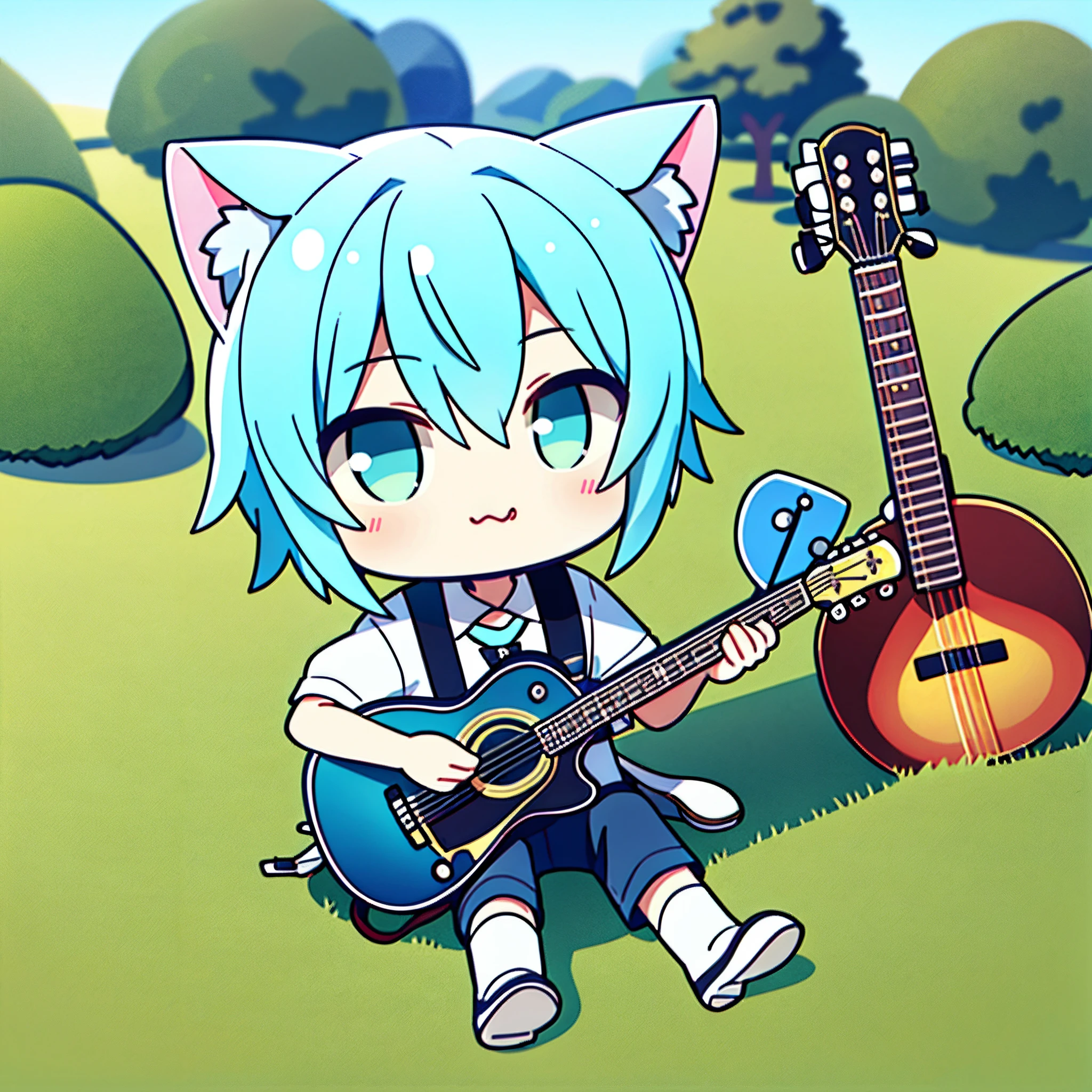 boy, cat, furry, bodyfur, tail, blue collar, blue bra, bottomless, blue gloves, blue boots, chibi, sparkling eyes, from below, cute, playing the guitar, singing