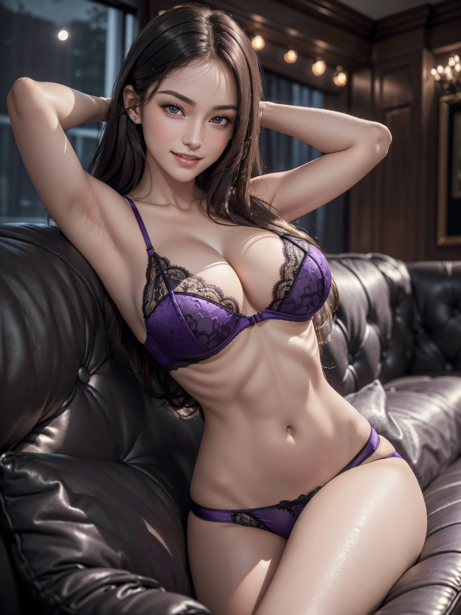 (1girl:1.3, solo), (((night situation:1.5))), (Masterpiece, best quality, photorealistic, highres, photography, :1.3), ultra-detailed, sharp focus, professional photo, commercial photo, (upper body:1.3, bust-up portrait), (starring the viewer:1.3) BREAK, 1 brunette girl, solo, European girl, hot model, highly detailed eyes and pupils, realistic skin, (attractive body, gigantic breast:1.25, thin waist:1.15), thin half-up hair, single hair, extremely detailed hair, delicate sexy face, sensual gaze, shiny lips, BREAK, (wearing a dark-purple luxury satin bra:1.3, with black lace), (a dark-purple luxury satin panty:1.3, with black lace), BREAK, (indoor, antique house:1.25, at livingroom:1.25, gorgeous antique house, blurry background:1.25, simple background, dark room:1.2), (attractive posing), ((lying down on couch, arms up, arms behind back on head:1.3, girl on top:1.3, from below:1.3)), ((realistic, super realistic, realism, realistic detail)), perfect anatomy, perfect proportion, bokeh, depth of field, hyper sharp image, (attractive emotion, seductive smile:1.2, happy:1.2, blush:1.2, :d:1.2, :p:1.2), 4fingers and thumb, perfect human hands, cinematic light, bar light, rim lighting,