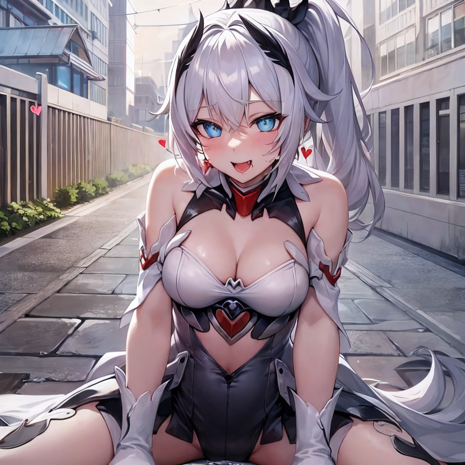 (suggestive:1.3), solo, dripping, white hair, blue eyes, blush, full body, smile, cute, ponytail, (naughty face), trembling, heart, skin dentation, (crazy:1.3), outdoors, open mouth and smile, spread legs amor