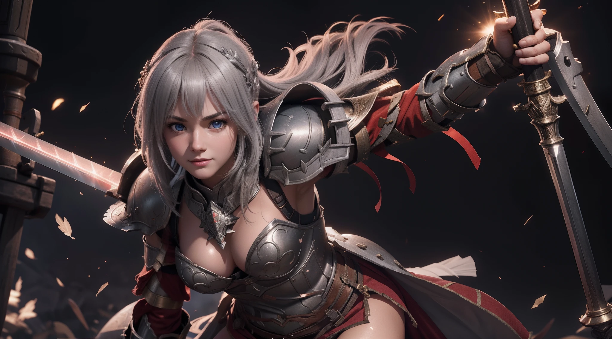 Junior Centurion Warrior,  Red and gray armor, cheerfulness, Female Warrior, ultra - detailed, 8K, Unreal Engine 5, celebrating, Beautiful anime style girl all over, clean detailed faces, underdressing, analogous colors, Glowing shadow, beautiful gradation, Depth of field, Clean image, Football field setting, High quality, High detail, High definition, Luminous Studio graphics engine, Cute face, Heroic, sword, victory, full bodyesbian, Extremely detailed face, Bright eyes, Beautiful girl, fantasy, complimentary colours, insanely detailed and intricate, Ultra photo realsisim, Super detailed, Ultra HD, Vivid, Low angle，There are five fingers
