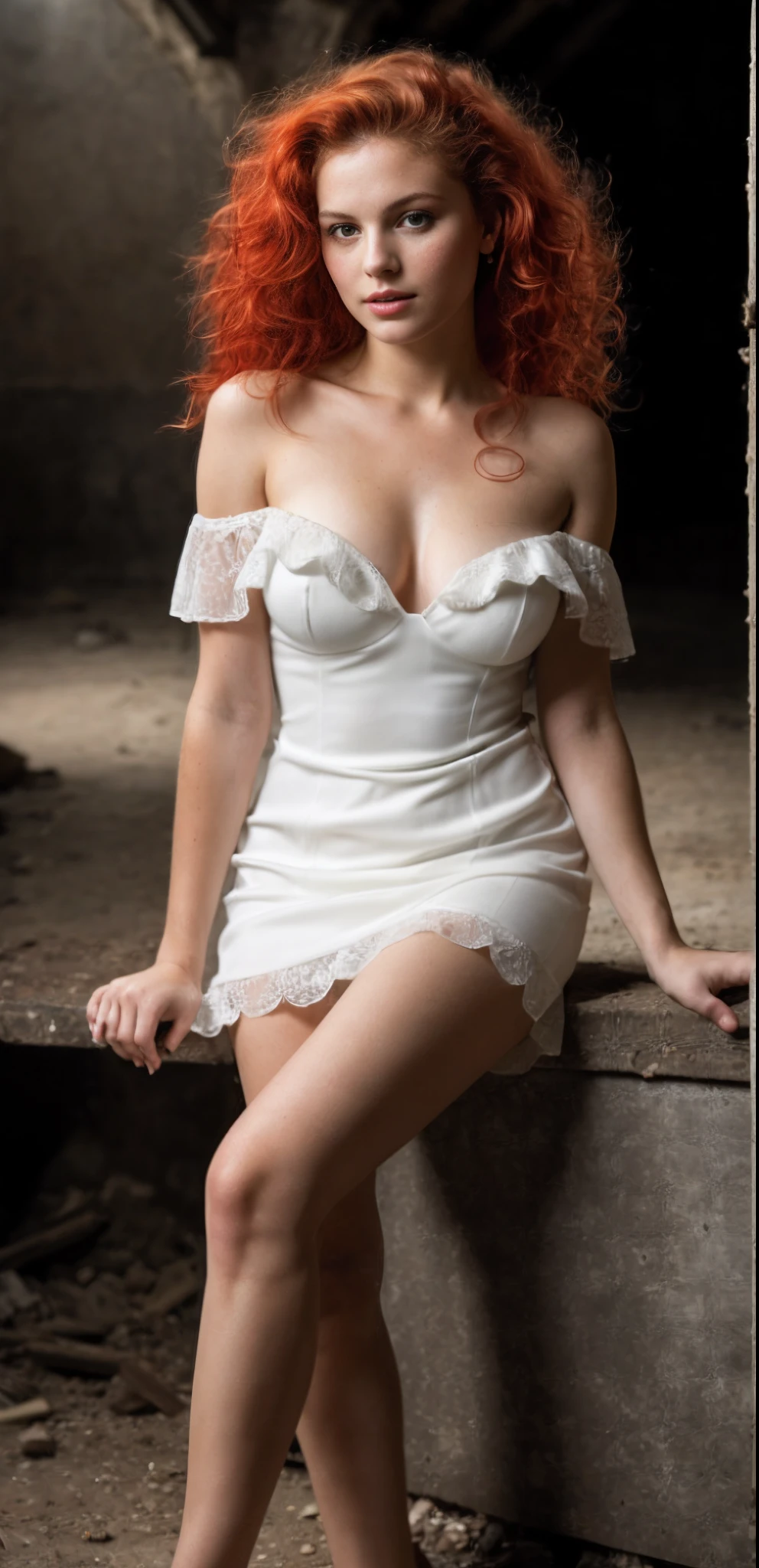 pale 21-year-old dutch girl, ce-girl, looking up at the viewer, cute, (full body view), full-length shot, ((Marilyn Monroe:Michelle Pfeiffer:0.5)), beautiful woman sitting in an abandoned cellar, flirting with camera, laughing out loud, Long hair, (full body: 1.3), (disheveled, with bright red matted hair), (standing), full-length portrait, perfect face, captivating eyes, bright details, ultra sharp focus, wearing white lace dress, off shoulder, cup C breasts, full body, (high skin detail), freckles, (dirty: 0.8), Key lighting, (backlight: 0.5), medium depth of field, Canon 5D, 50mm lens, f/4 aperture, (ultra-detailed, complex detail), sharp focus, soft colors, 8k, absurd, 8mm film grain, war photography, max detail, roughness, real life, ultra realistic, photorealism, photography, photography, high detailed skin, detailed skin, best ratio, delicate fingers, (realistic, photo-realistic:1.37)