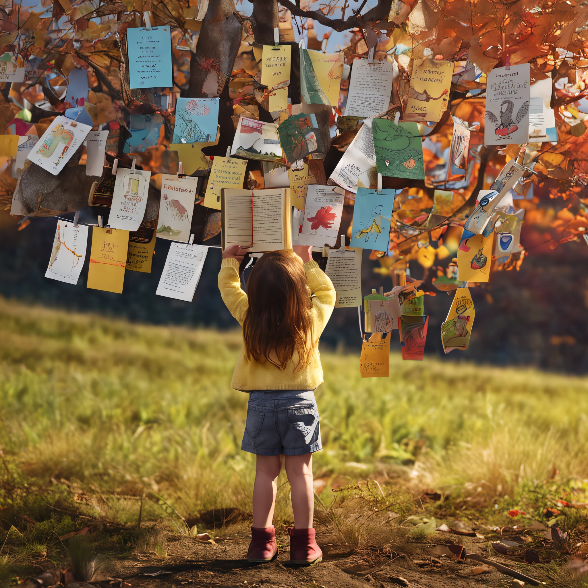 Child holding a book with children's drawing appearing, She's under a tree that has a clothesline of children's books hanging