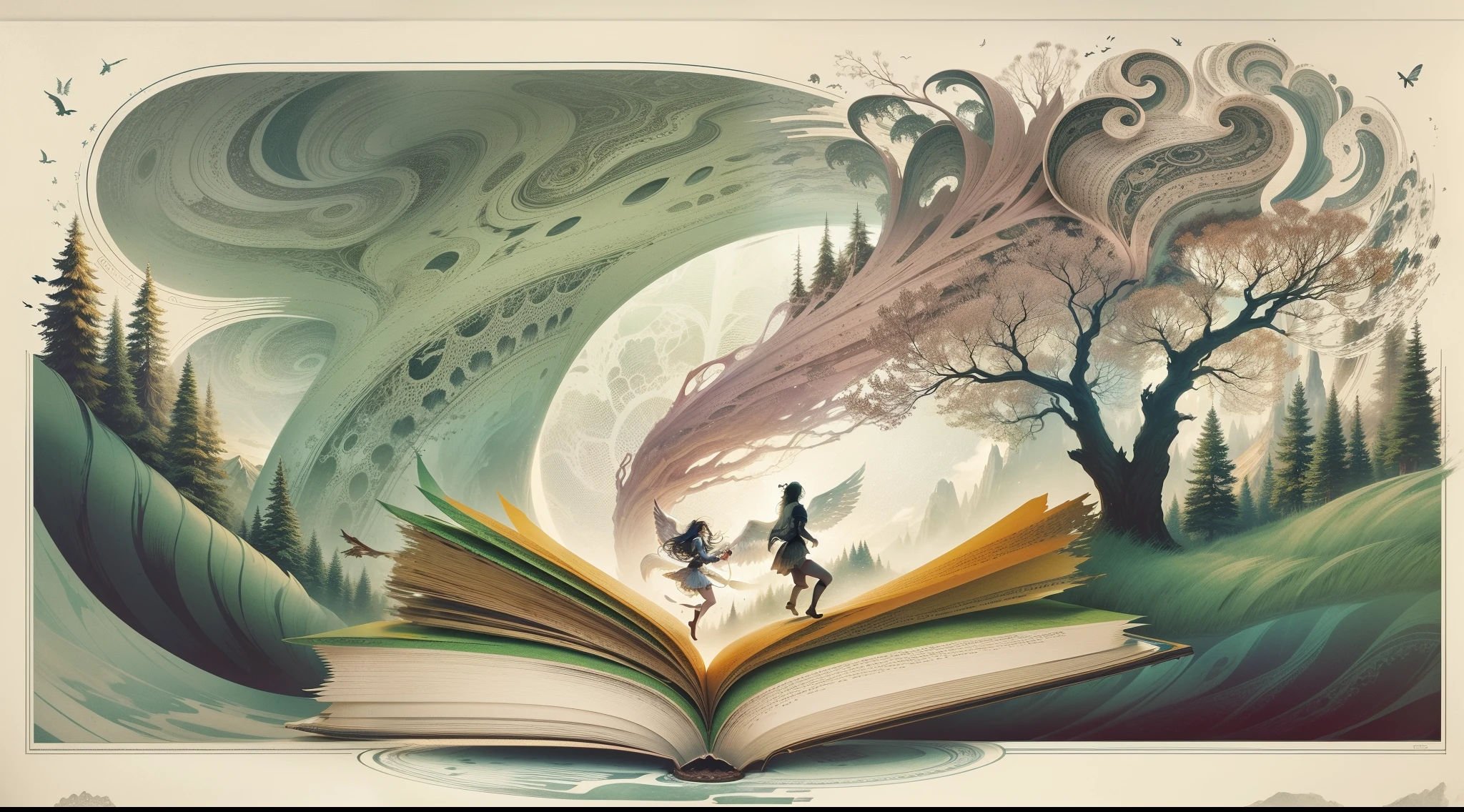 Extremely creative illustration, abstract and detailed text representation: "Uma cena vibrante e envolvente. Imagine a world where words dance and come to life, where characters come off the pages and stories gain wings. In this illustration, We imagine a magical scenario where an open book turns into a portal to a universe of imagination. How pages flow through the air, They turn into elements that make up the scenery – trees that whisper secrets, rivers made of ink and mountains formed by pages.