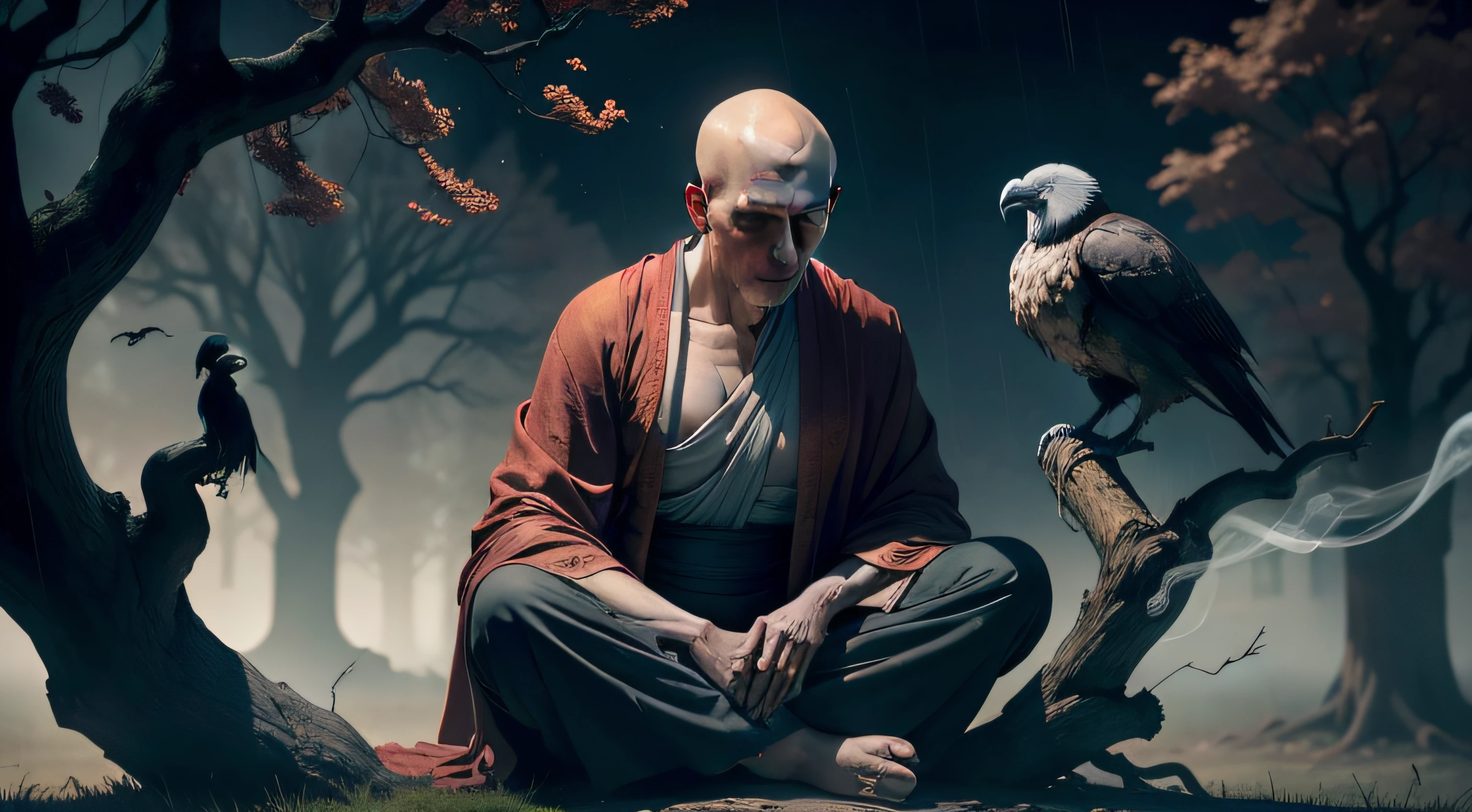 Image of a Buddhist monk seated beneath a large, dead, and withered oak tree. The monk wears an old and tattered robe. A gigantic vulture with blazing eyes perched on one of the tree's branches, gazing at the monk. In the background, the Knight of Death takes on the form of smoke. It's night, raining, and the scene is gloomy.