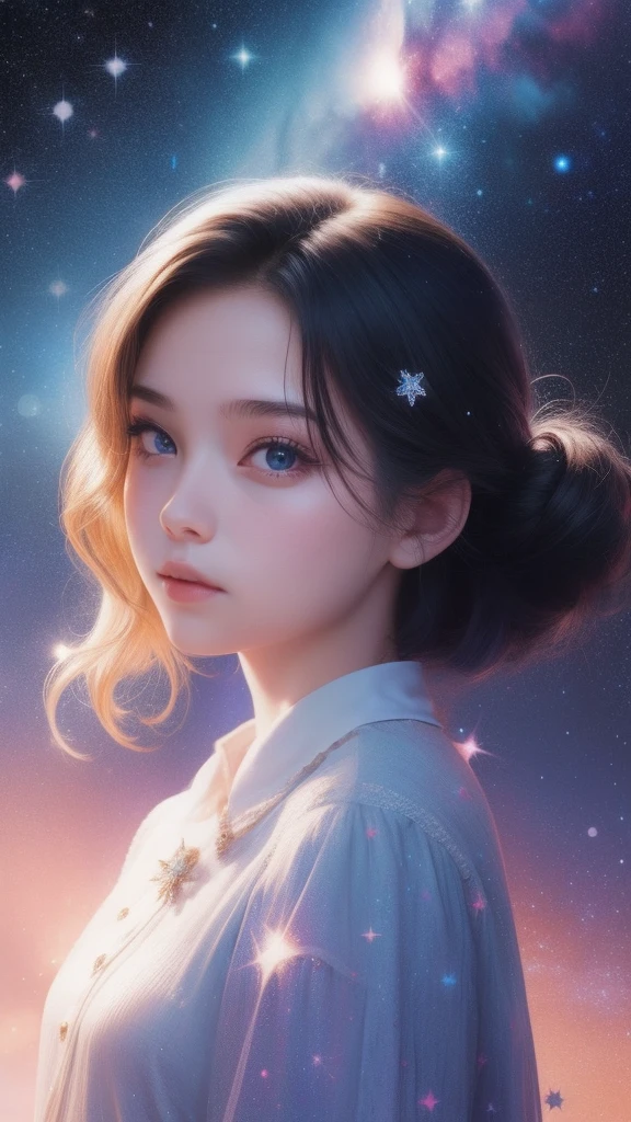 The girl's hair is turning into a starry sky，The girl's clothes blend into the galaxy，closeup of face