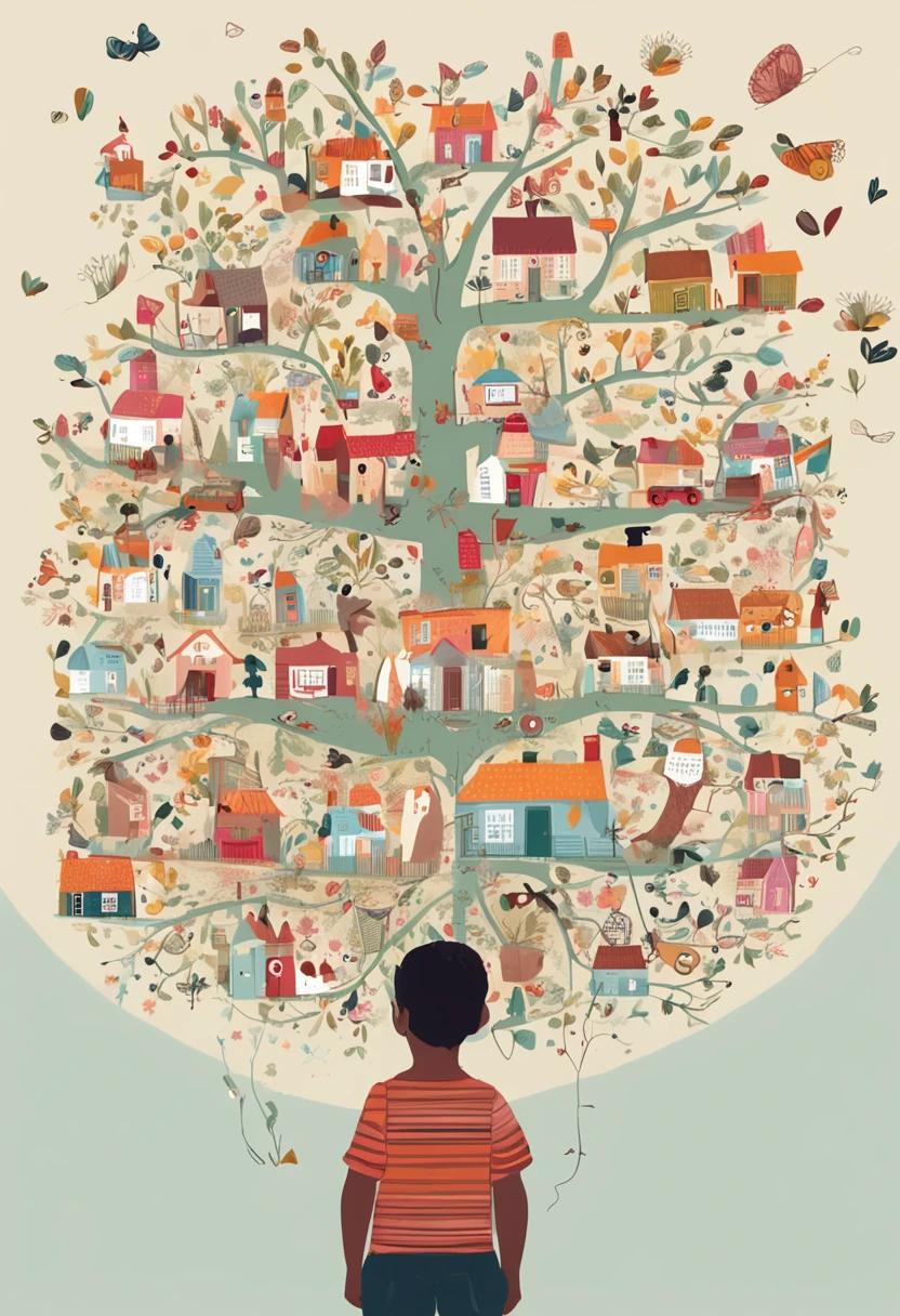 Child holding a book with children's drawing appearing, She's under a tree that has a clothesline of children's books hanging