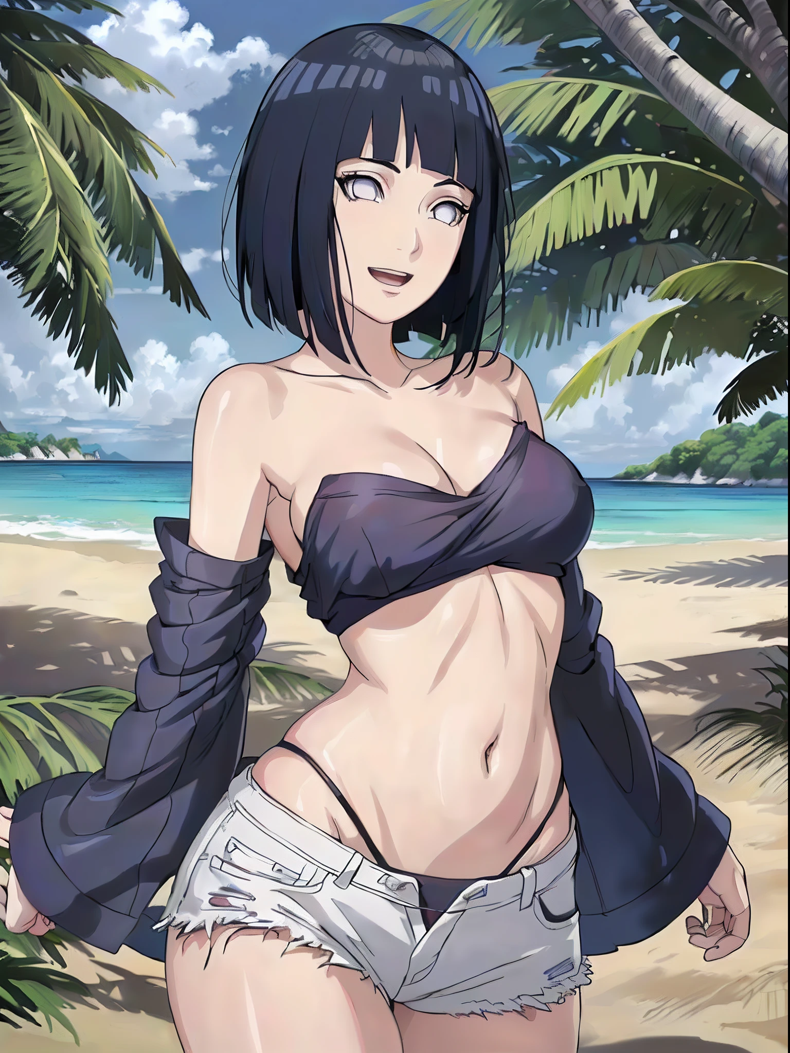 (WALLPAPER, (hinata\(boruto\), masterpiece, 4k, vector coloring, whole body shot, contrast lighting, mature female, (curvy:0.8), solo, anime style, sharp focus, professional artwork, intricate details, detailed beach background, colorful, vibrant colors, vivid colors, digital blending, ultra detailed body, ultra detail hair, ultra detail face, trending on pixiv, very hot colors, sunny day, outdoor, detailed bold arm lines, high color saturation, bold lines, bold drawing lines),
(standing, open mouth, kind smile, extremely happy, goodbye, sexy pose),
((dark blue hair color:1.1), wavy hair, ((short hair, hime cut)),
(perfect eyes, white sciera, bright eyes, white eyes, anime eyes, smoky eyeliner, eyeshadow)
(white skin, slender body, milf, navel, groin, flat belly, perfect face, perfect thighs),
(Thighs, legs, big breasts, perky boobs, off-shoulders, (groin, detailed shoulders),
(almost naked, only white clothes, bare chest, bare shoulders, bare hands, bare legs),
( topless, white pants, no top)