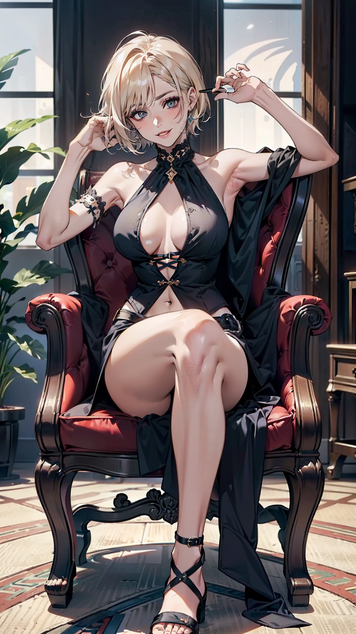 (((Coquettish middle-aged woman 1.2))),
(((Slim and slim body1.2))),
((( smile 1.2))),(((A frivolous look))),
hand behind head,Expose the armpits,(((Elevate your legs1.2))),sit on chair,(((Short hair 1.2))),Peach blossom eyes,Smoky makeup,
(((Heavy makeup 1.2))),(((Enchanting 1.2))),(((Coquettish debauchery 1.2)))(((Sandals 1.2)))