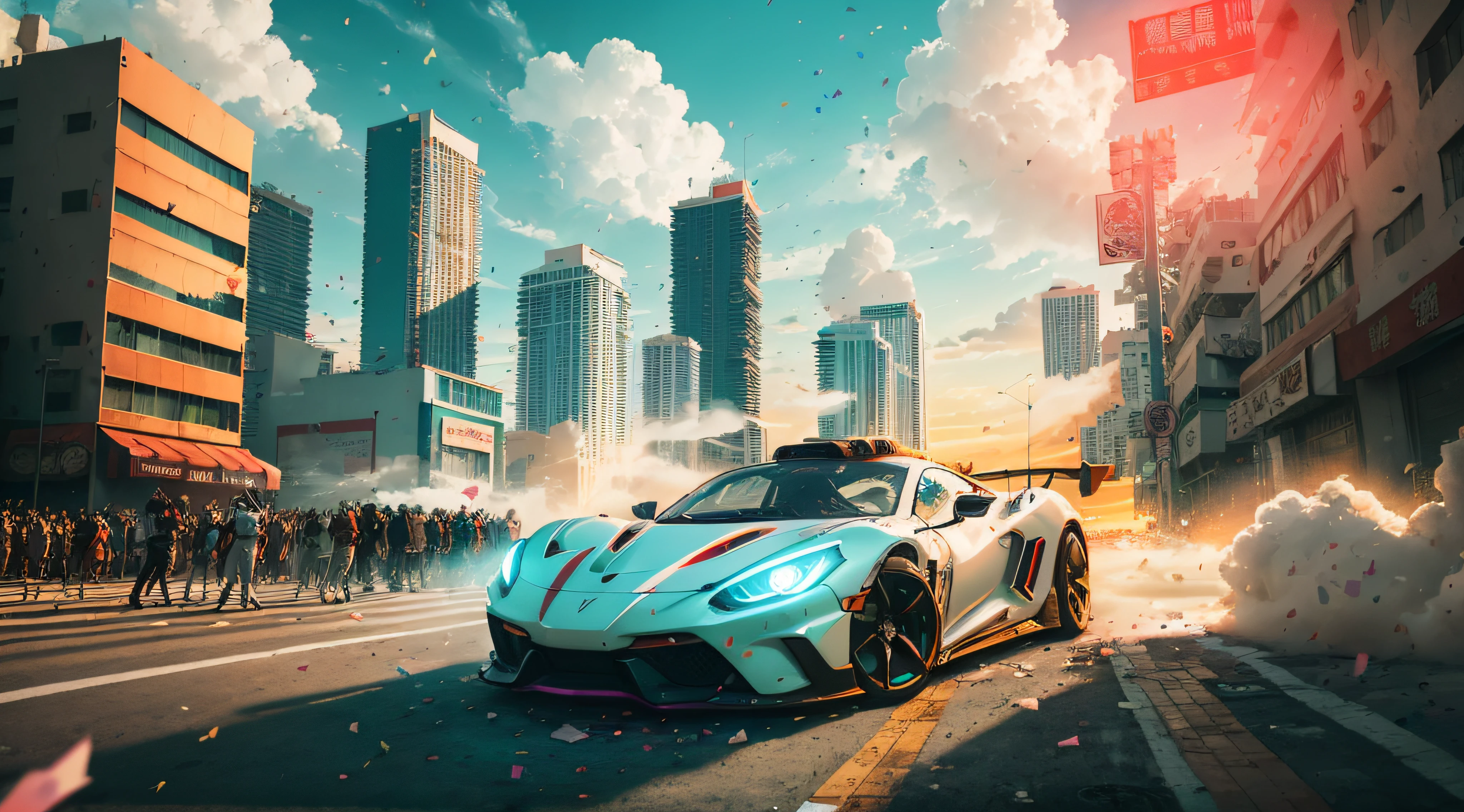 Bright sunny day, beautiful cloudy sky, sunset, sports car, cyberpunk, Miami city streets, neon signs and crowds, confetti fragments, dust, wind volumetric fog, exciting epic action camera, professional majestic oil painting(真实感:1.2)(Image size:16:9)(Best Quority)(cinematiclight)