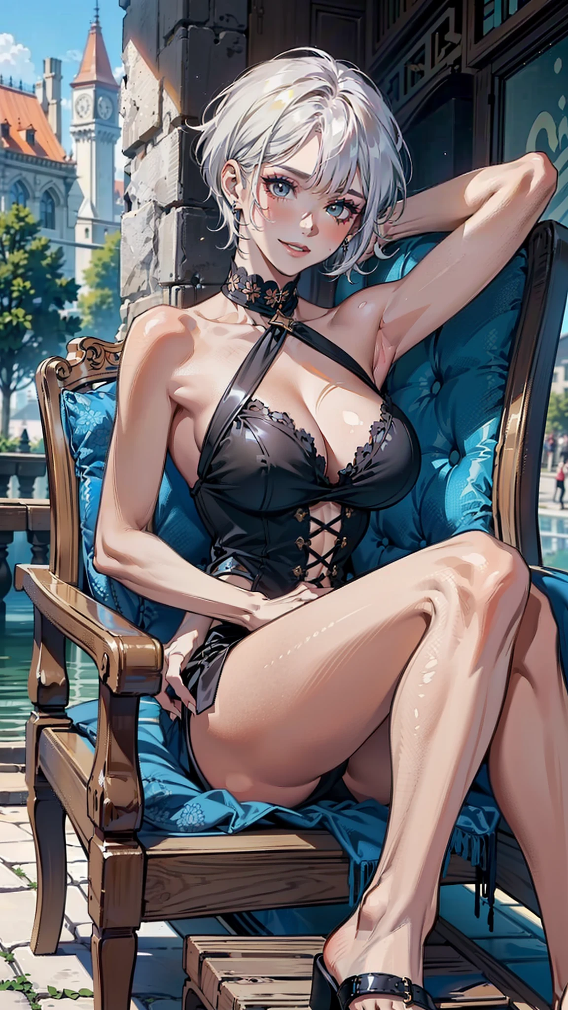 (((Coquettish middle-aged woman 1.2))),
(((Slim and slim body1.2))),
((( smile 1.2))),(((A frivolous look))),
hand behind head,Expose the armpits,(((Elevate your legs1.2))),sit on chair,(((Short hair 1.2))),Peach blossom eyes,Smoky makeup,
(((Heavy makeup 1.2))),(((Enchanting 1.2))),(((Coquettish debauchery 1.2)))(((Sandals 1.2)))
