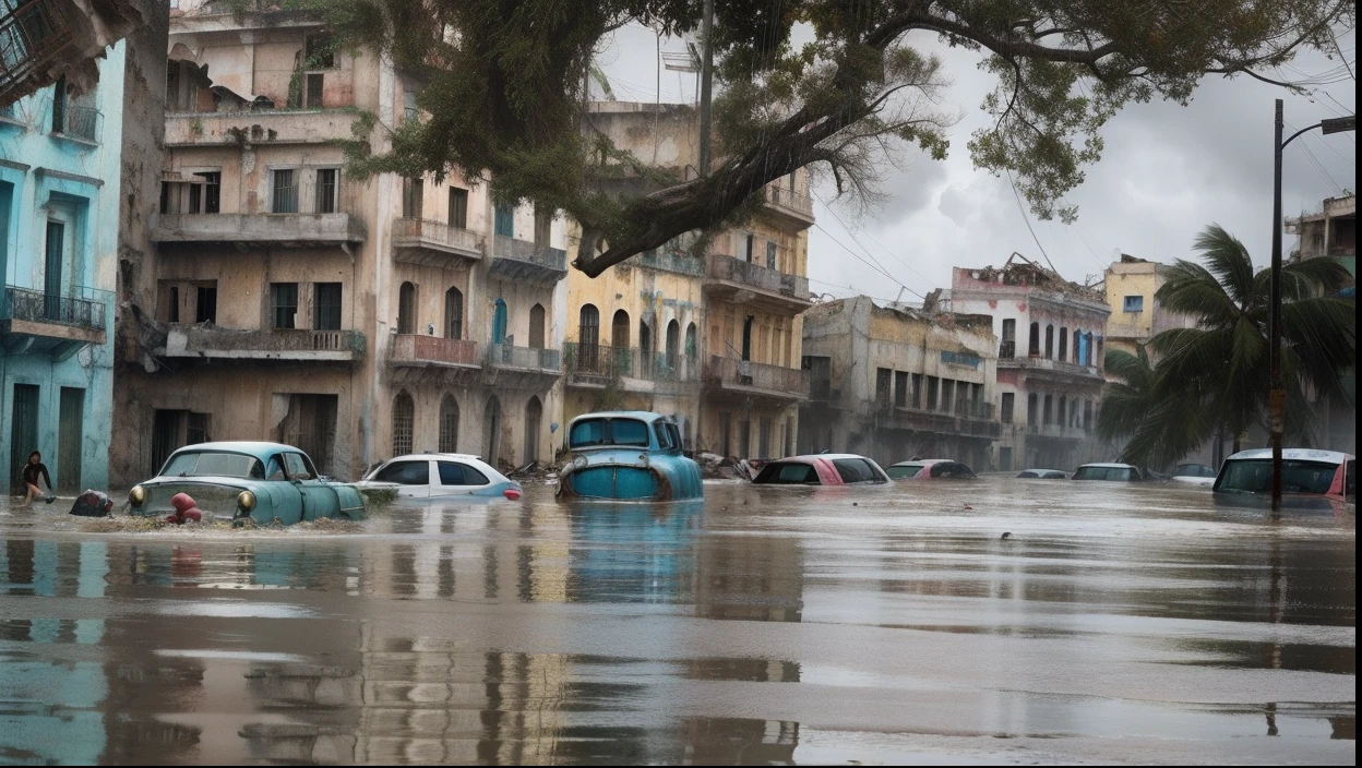 realistic, Havana, collapsed buildings, torrential rain, severe flooding, chaos and destruction, atmosphere of despair