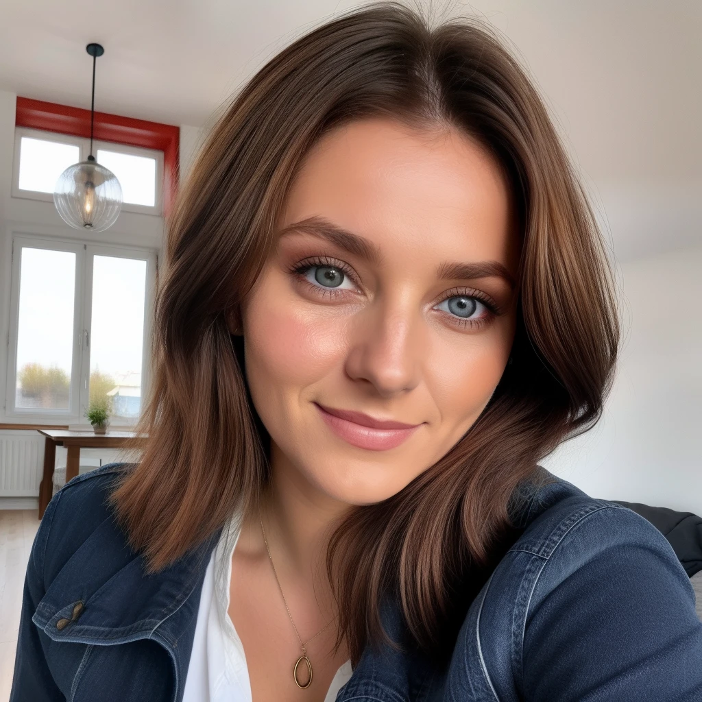 braune Frau mit braunen Augen, kein modell, Smileing, in der wohnung, rotes Oberteil, Blaue Jeans, schulterlanges braune haare, braune haare braune augen, Keine Nahaufnahme, lange braune Haare und braune Augen, ohne Augenbrauen