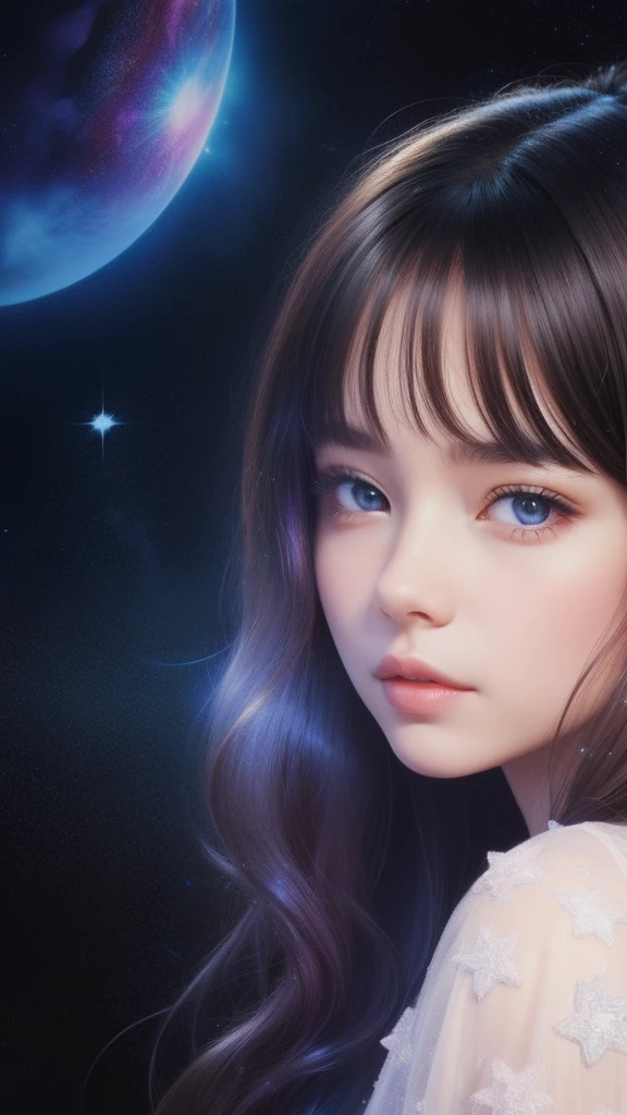 The girl's hair is turning into a starry sky,The girl's clothes blend into the galaxy,closeup of face