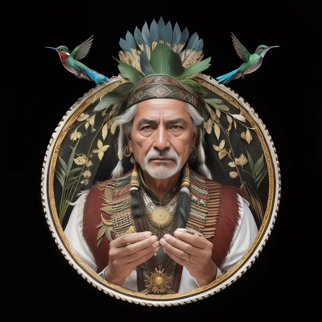 Create the dramatic lighting image of an indigenous shaman with extremely perfect fingers, Perfect hands holding a small wooden cup, From the glass comes a smoke forming the image of two hummingbirds, de 80 anos, The face with indigenous war ink, rosto coberto pela tinta vermelha e preta Traje nativo americano, colares diversos de sementes e dentes de animais. Various green leaves and vine as a backdrop, masculino, Long and white hair
It only has as a backdrop a scenario of mystery and magic with a lot of mysticism, digital art trending on Artstation 8k HD high definition detailed realistic, circunstanciado, textura da pele, hiper detalhado, textura de pele realista, armadura, melhor qualidade, ultra high-resolution, (fotorrealista:1.4), high resolution, circunstanciado, Foto RAW, sharp re, by Lee Jeffries Nikon D850 film Stock Photography 4 Kodak Portra 400 camera F1.6 lens rich colors hyper realistic lifelike texture dramatic lighting unrealengine trending on artstation cinestill 800,