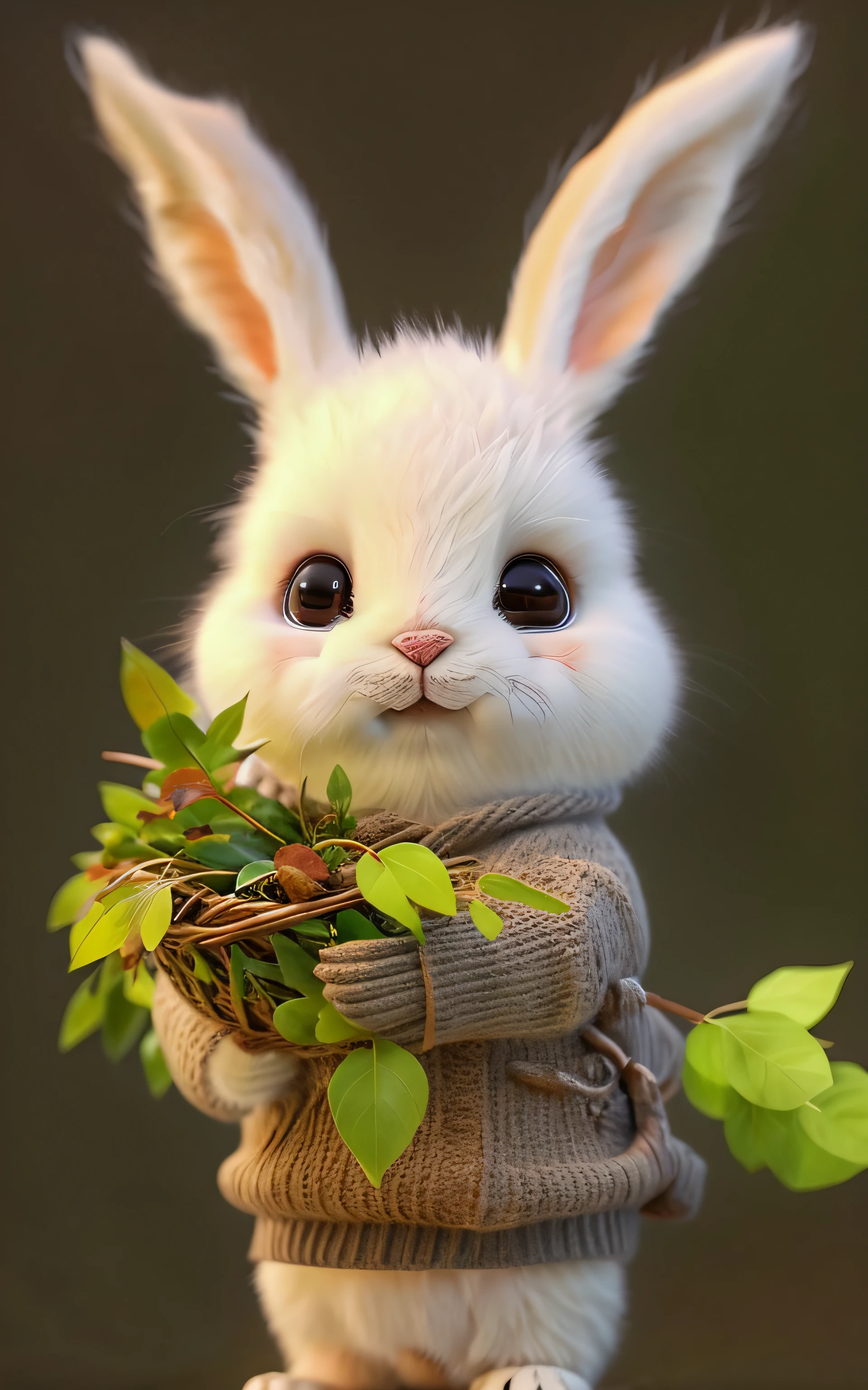 Close-up of a white rabbit holding a basket of leaves, cute anthropomorphic bunny, 🍂 Cute, lovely digital painting, edgBunny_Character, 🍁 Cute, cute cute, anthropomorphic rabbit, Rabbit_Bunny, Rabbit, cute animal, Bunny, ultrarealistic sweet bunny girl, beautiful lovely, personal profile picture, Adorable, adorable digital art, cute beautiful
