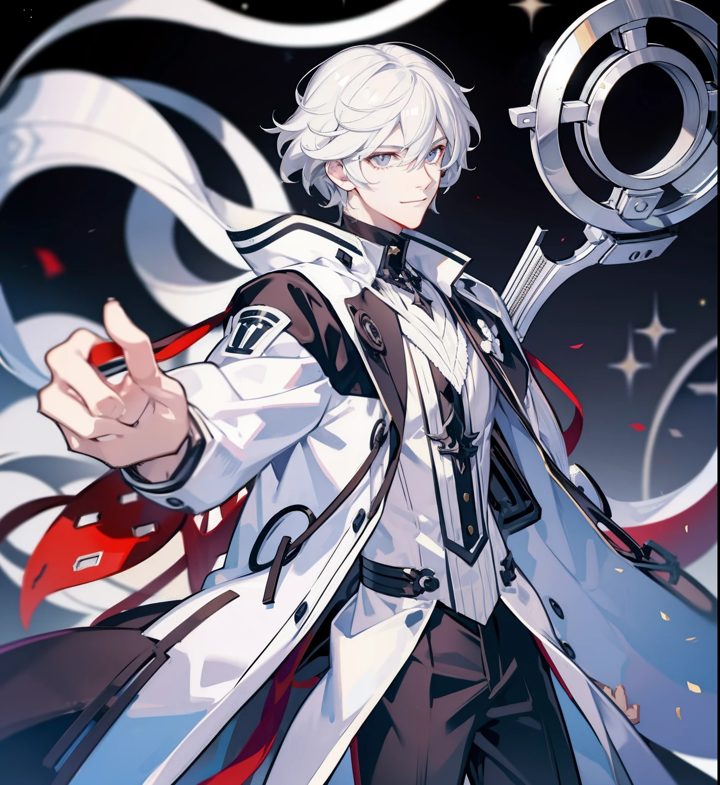 White hair，Silver Eyes，Smiling,Man , handsome