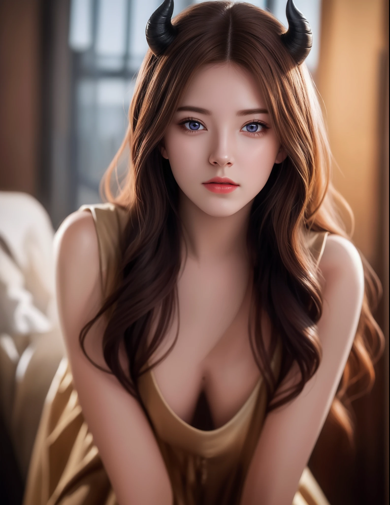 (hyperrealistic), (illustration), (high resolution), (8K), (extremely detailed), (best illustration), (beautiful detailed eyes), (best quality), (ultra-detailed), (masterpiece), (wallpaper), (photorealistic), (natural light), (rim lighting), (detailed face), (high detailed realistic skin texture), (anatomically correct), (solo), (1 girl), (high detailed realistic hair), (caramel hair:1.2), (heterochromic eyes), (detailed purple eyes), (small moles under the eyes), (realistic big breasts:1.5), (long legs), (slender abs), (dynamic pose), (closed mouth:1.3), nsfw, (Female Demon:1.3), Succubus, Red horns, (Full body: 1.5), front facing, black background, glint, frown, determined, rape face, gradient eyes, demon horns, expressive hair, from above, panorama, from below, panorama, cinematic lighting, depth of field, UHD, award winning,