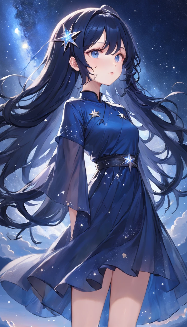 She has waist-length blue-black hair,Scattered like the night sky, it is as deep and enchanting。He wears a silver star hairpin on his head,The hairpins are inlaid with tiny broken diamonds,Shimmering in the sun。Her eyes were a deep indigo blue,It seems to contain the entire starry sky。The skin is as fair as moonshine。

She wore a dark blue starry sky dress,The dress is embellished with countless silver stars,Some glow quietly,Some will flow slowly,It's like a real starry sky。The skirt is as fluffy and flowing as a nebula。She was barefoot,The feet and wrists are adorned with twinkling stars。

She is like a bright star in the sky,Exudes a mysterious and beautiful glow。