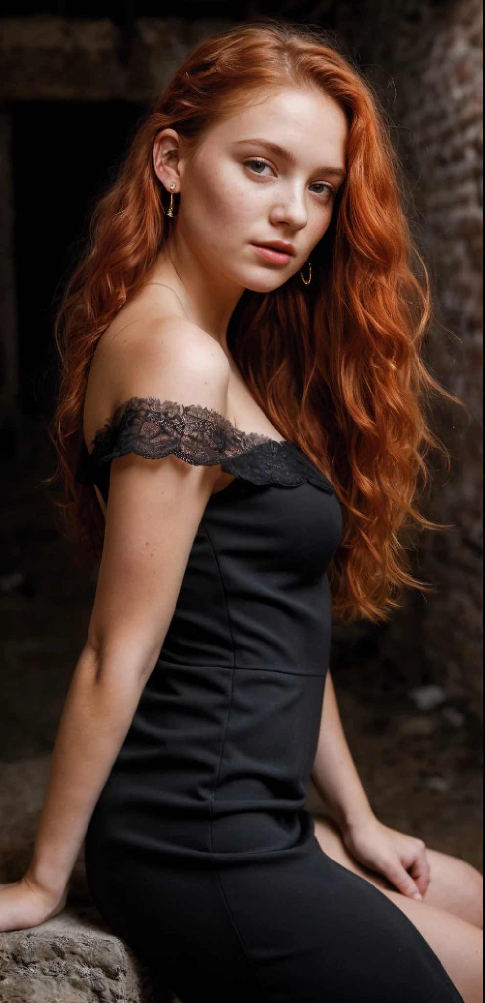 pale 21-year-old dutchwoman, ce-girl, looking up at the viewer, cute, (full body view) full-length shot, beautiful woman sitting in an abandoned cellar, flirting with camera, laughing out loud, Long hair, (full body: 1.3), (disheveled, with bright red matted hair), (standing), full-length portrait, perfect face, captivating eyes, bright details, earbuds, ultra sharp focus, wearing black lace dress, off shoulder, cup C breasts, full body, (high skin detail), freckles, (dirty: 0.8), Key lighting, (backlight: 0.5), medium depth of field, Canon 5D, 50mm lens, f/4 aperture, (ultra-detailed, complex detail), sharp focus, soft colors, 8k, absurd, 8mm film grain, war photography, max detail, roughness, real life, ultra realistic, photorealism, photography, photography, high detailed skin, detailed skin, best ratio, delicate fingers, (realistic, photo-realistic:1.37)
