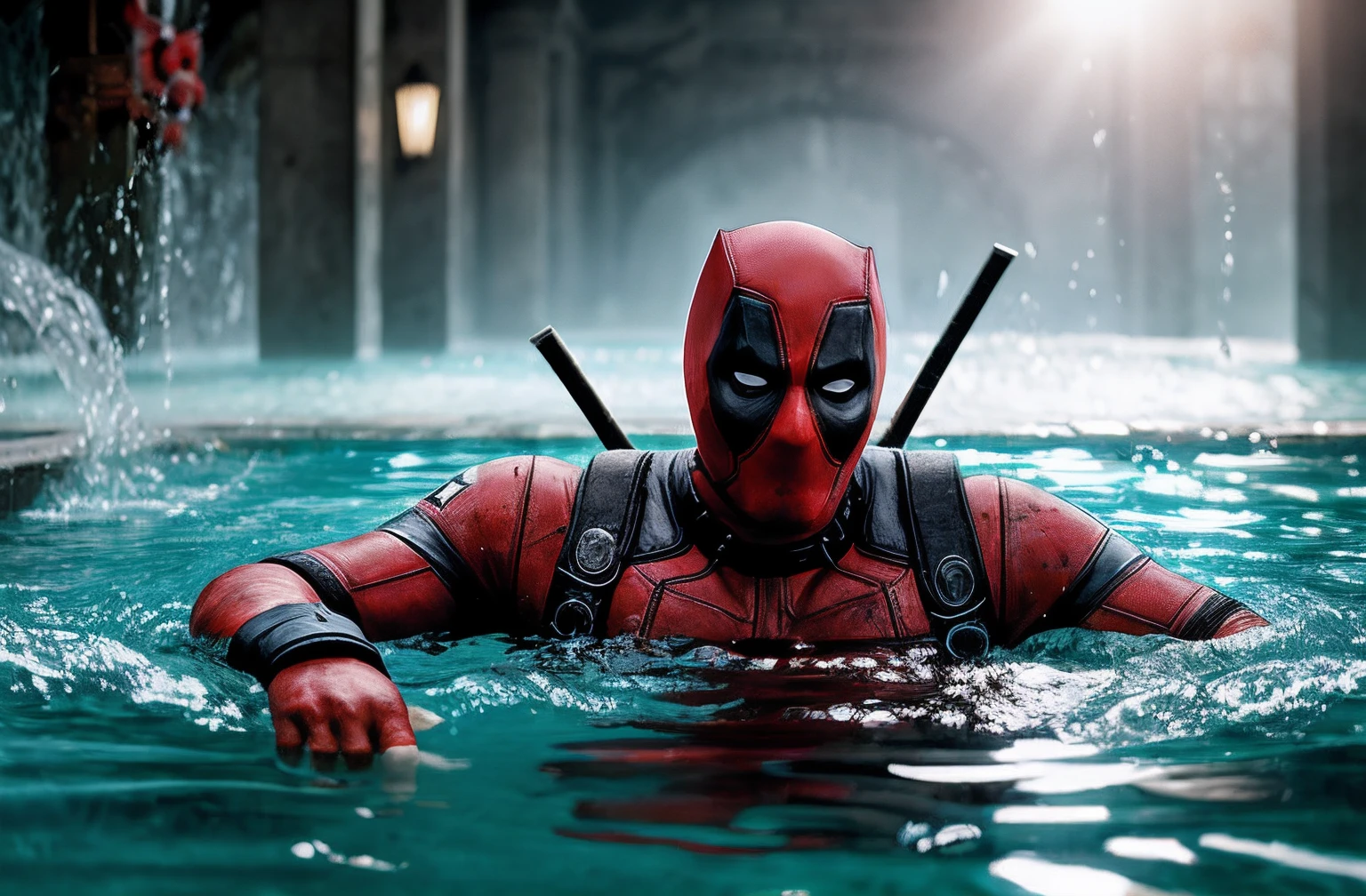 Dead pool, in a pool of scull’s, bloody water, realistic, concept art, 4k