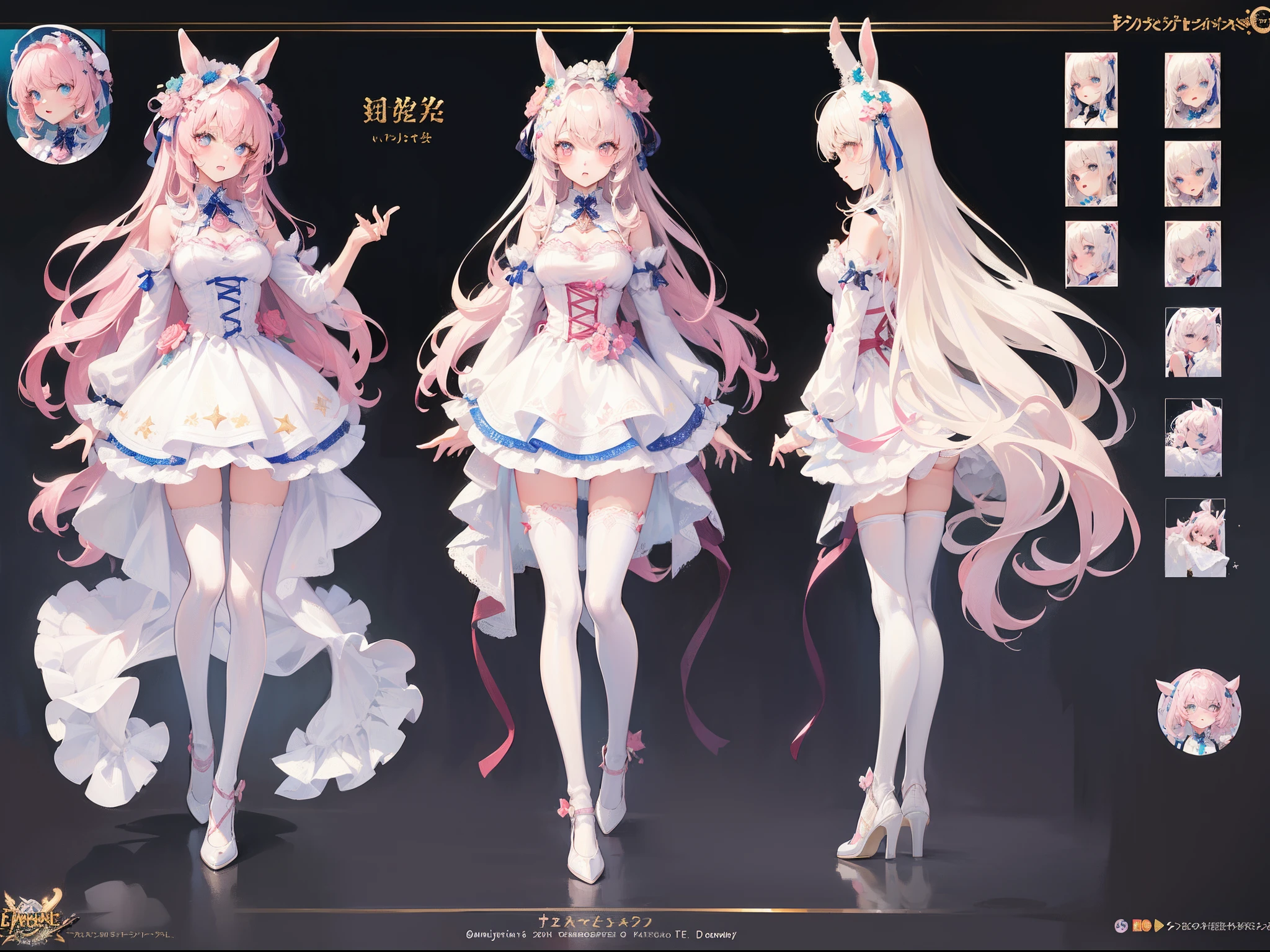 ((Masterpiece, Highest quality)), Detailed face,CharacterDesignSheet, full bodyesbian, Full of details, Multiple poses and expressions, Highly detailed, Depth, Many parts,A pretty maiden,dual horsetail,Gradient hair color,Star decoration,Wearing a bunny costume,White panty hose,Light pink pupils,epic exquisite character art, Amazing characters