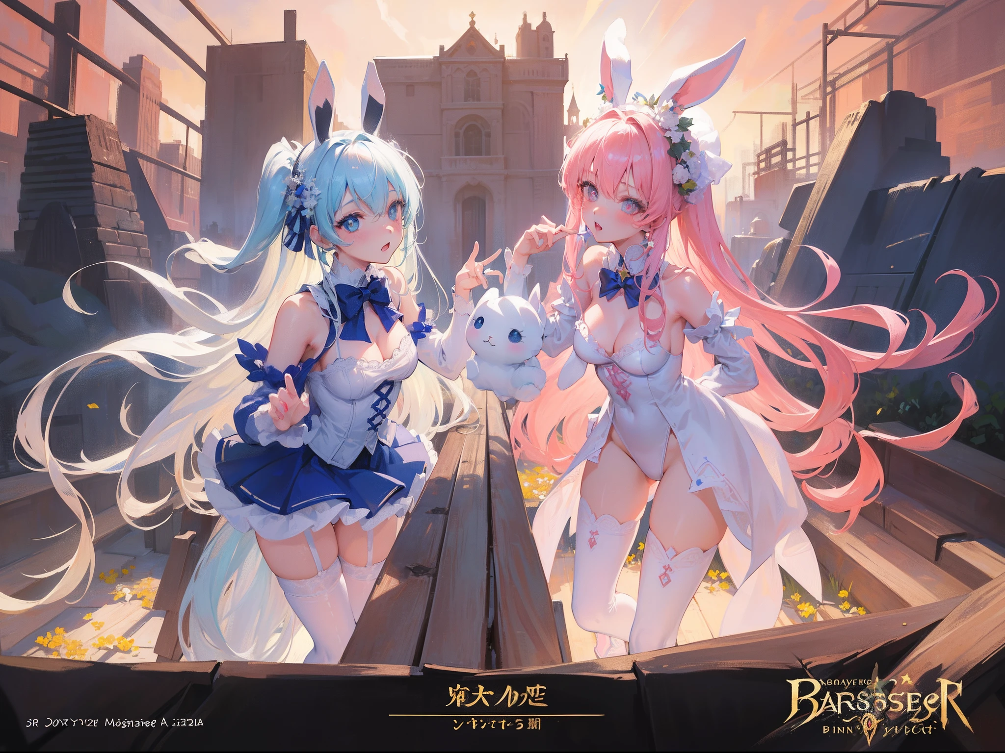 ((Masterpiece, Highest quality)), Detailed face,CharacterDesignSheet, full bodyesbian, Full of details, Multiple poses and expressions, Highly detailed, Depth, Many parts,A pretty maiden,dual horsetail,Gradient hair color,Star decoration,Wearing a bunny costume,White panty hose,Light pink pupils,epic exquisite character art, Amazing characters